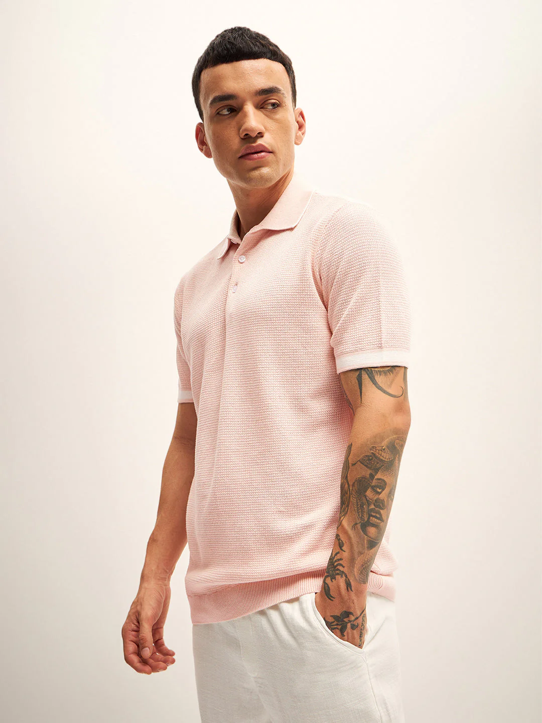 Men Peach Self Design Regular Fit Polo T-Shirt - Image 3