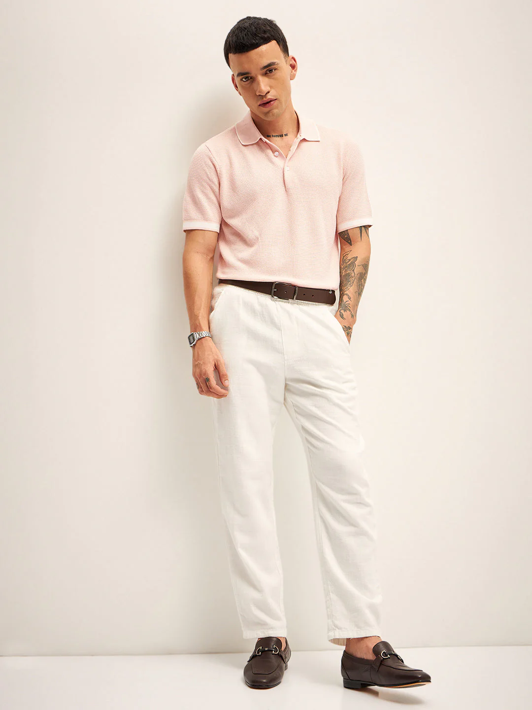Men Peach Self Design Regular Fit Polo T-Shirt - Image 4