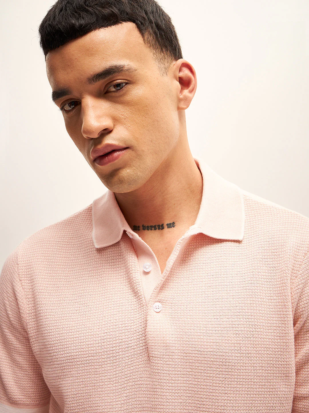 Men Peach Self Design Regular Fit Polo T-Shirt - Image 5