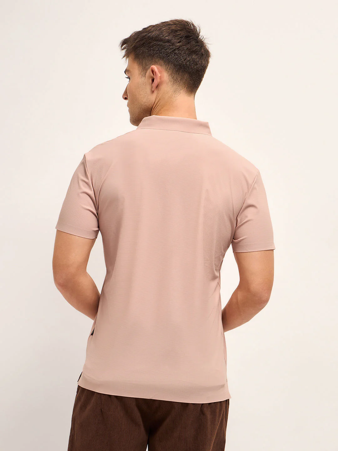 Men Peach Self Design Slim Fit Polo T-shirt - Image 2