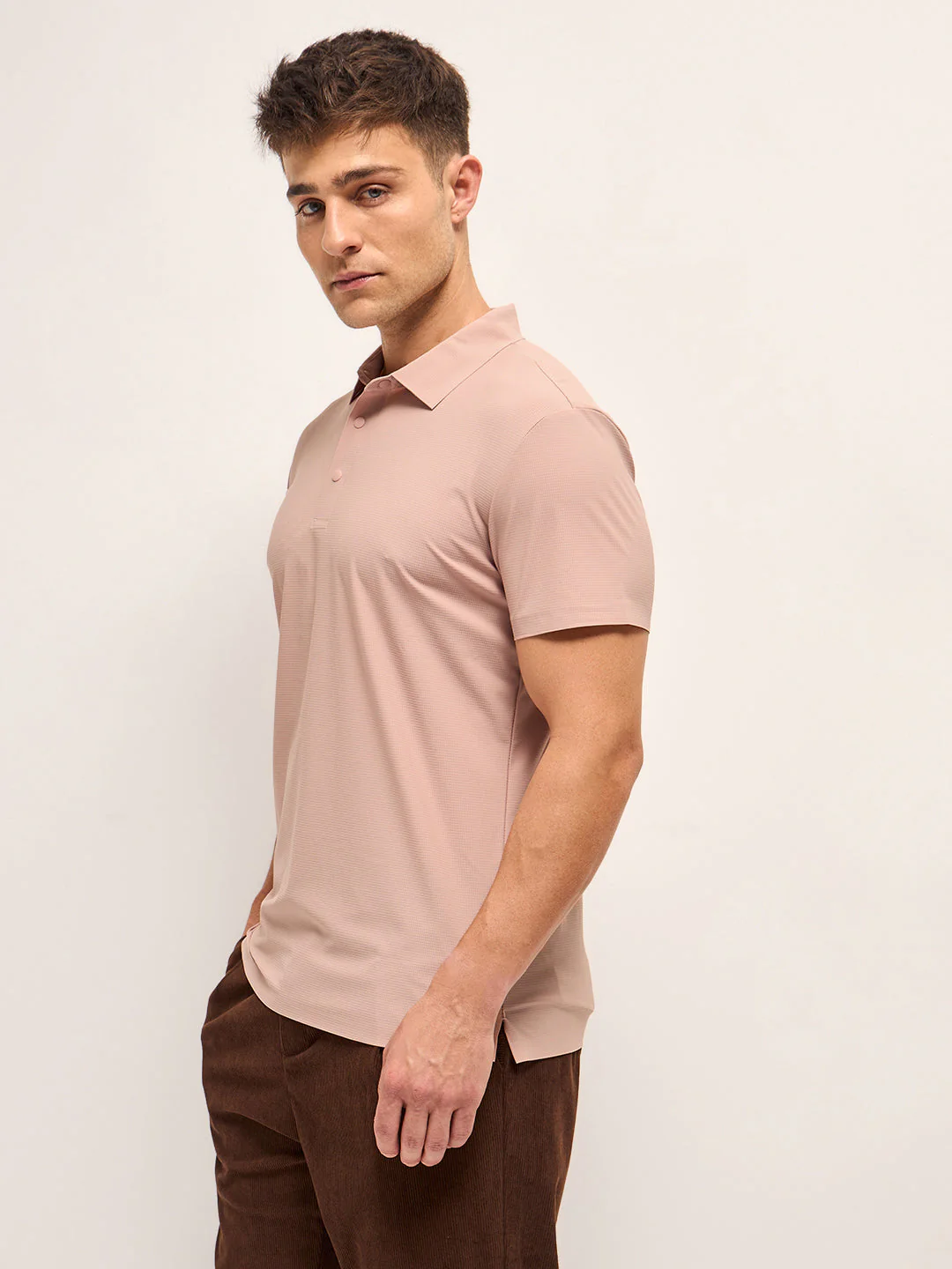 Men Peach Self Design Slim Fit Polo T-shirt - Image 3