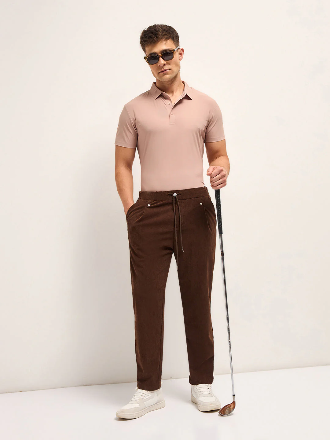 Men Peach Self Design Slim Fit Polo T-shirt - Image 4
