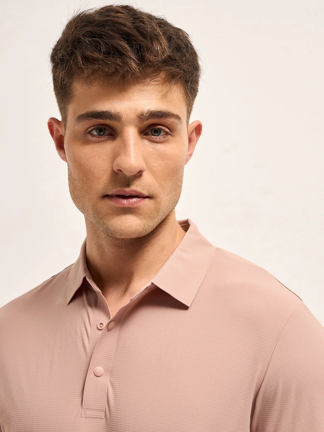 Men Peach Self Design Slim Fit Polo T-shirt - Image 5