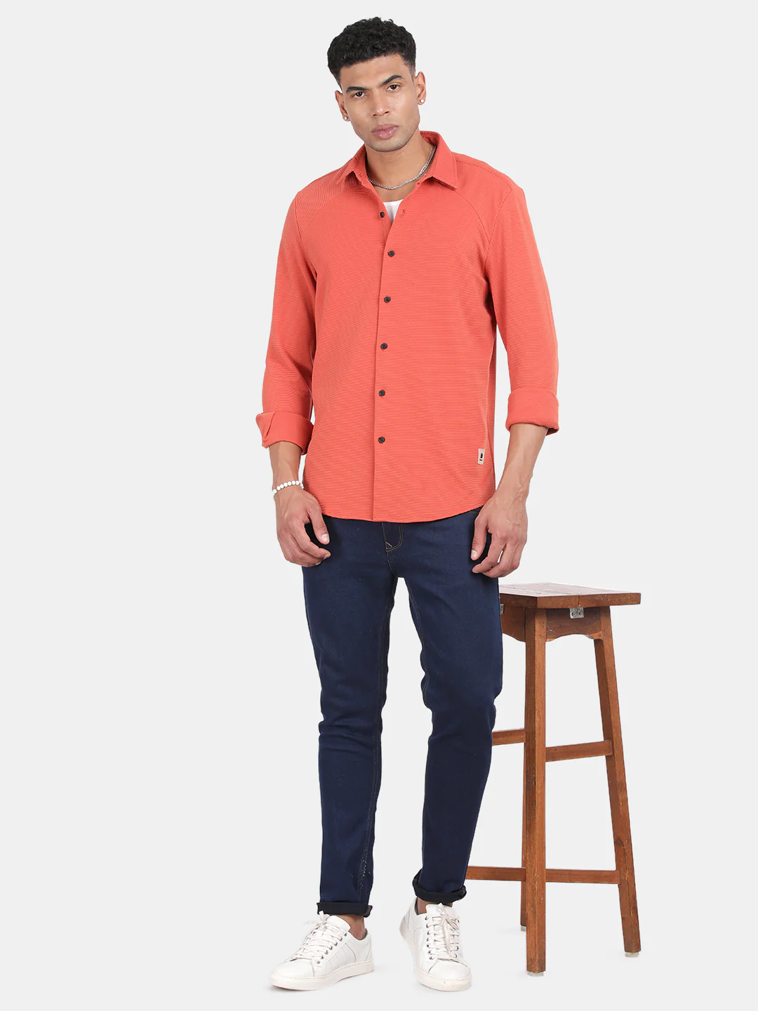 Men Peach Slim Fit Spread Collar Full Sleeve Casual Shirt - Image 3