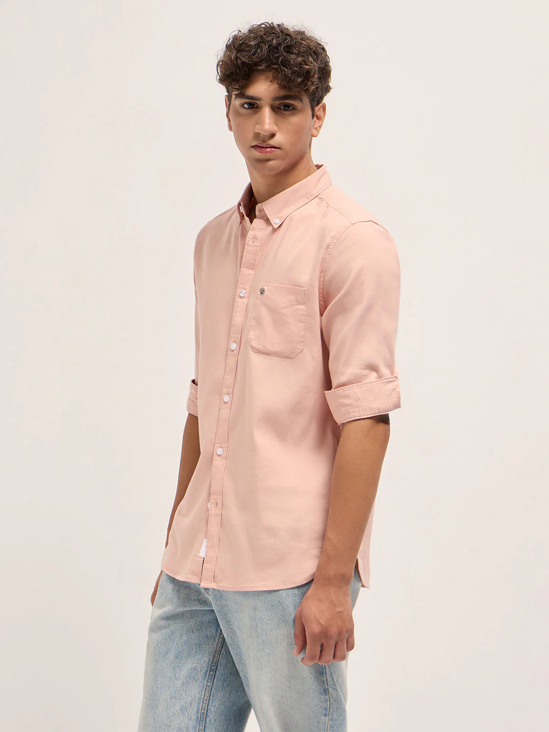 Men Peach Solid Cotton Blend Slim Fit Casual Shirt - Image 3