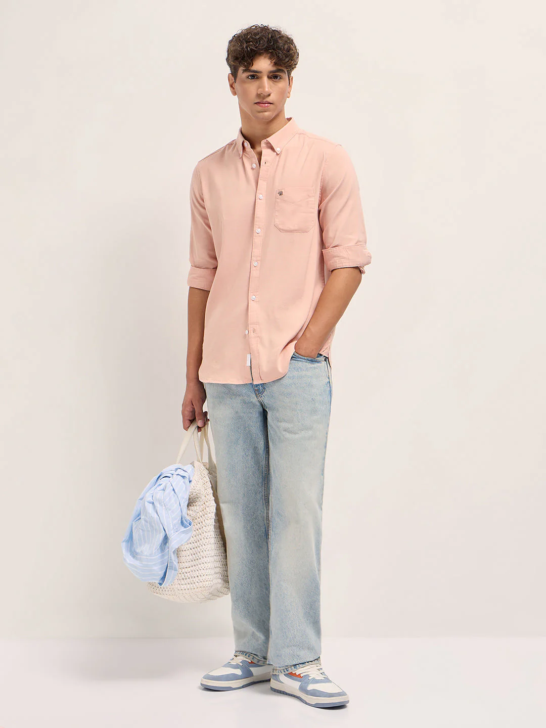 Men Peach Solid Cotton Blend Slim Fit Casual Shirt - Image 4