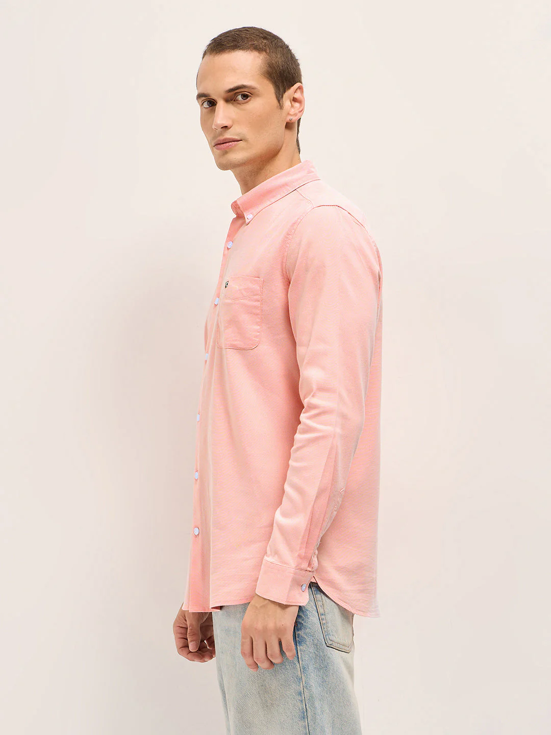 Men Peach Solid Cotton Blend Slim Fit Casual Shirt - Image 3