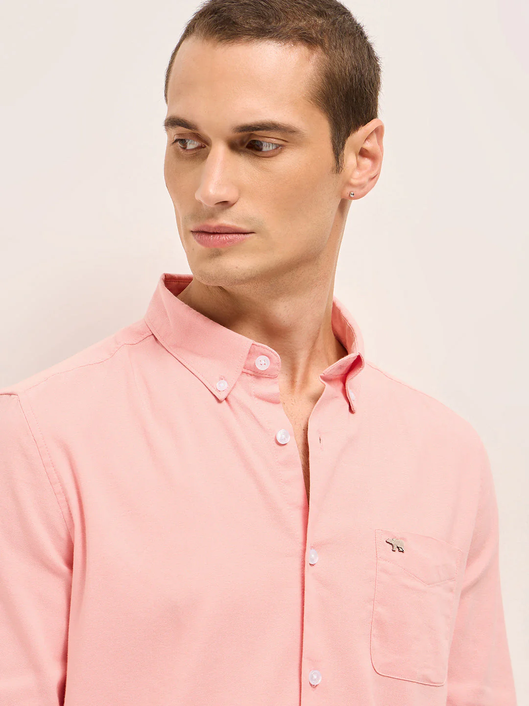 Men Peach Solid Cotton Blend Slim Fit Casual Shirt - Image 5