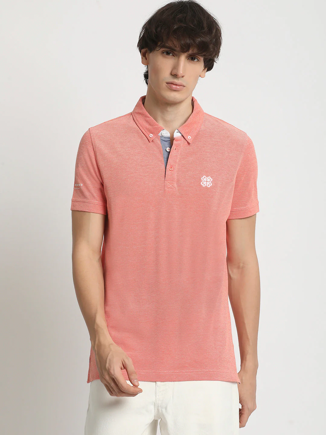 Men Peach Solid Regular Fit Polo Collar T-shirt - Image 2