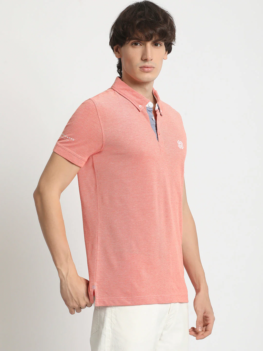 Men Peach Solid Regular Fit Polo Collar T-shirt - Image 3
