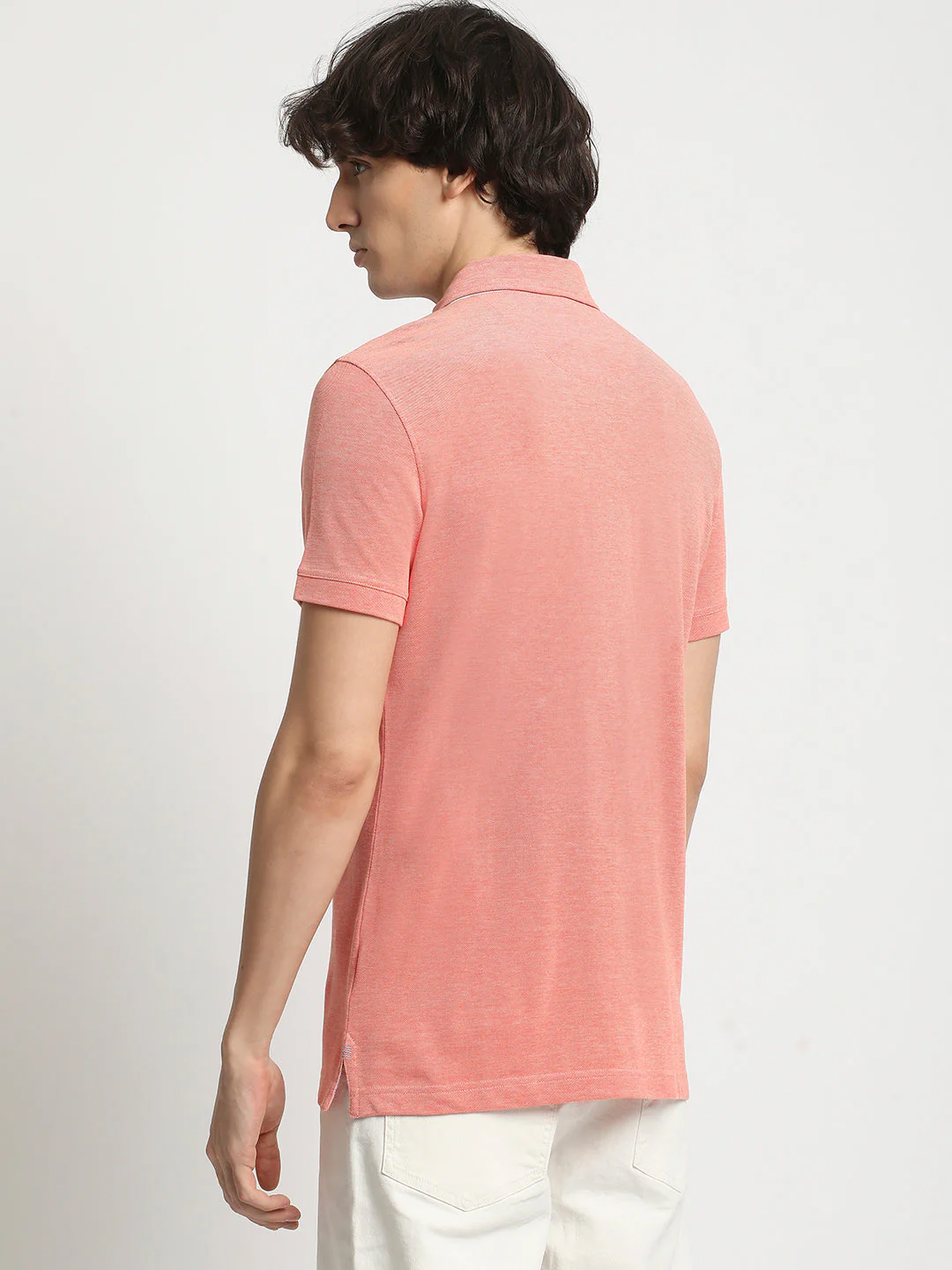 Men Peach Solid Regular Fit Polo Collar T-shirt - Image 4