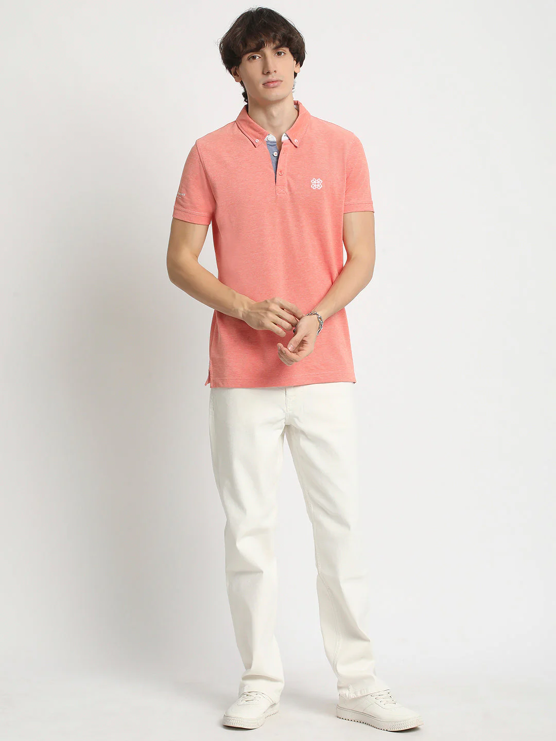 Men Peach Solid Regular Fit Polo Collar T-shirt - Image 5