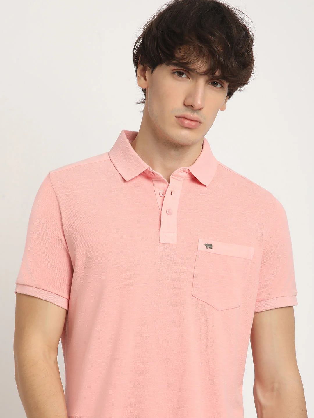 Men Peach Solid Regular Fit Polo Collar Tshirt