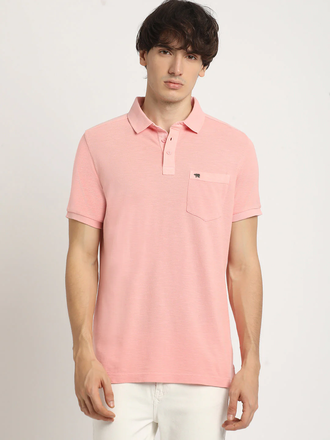 Men Peach Solid Regular Fit Polo Collar Tshirt - Image 2