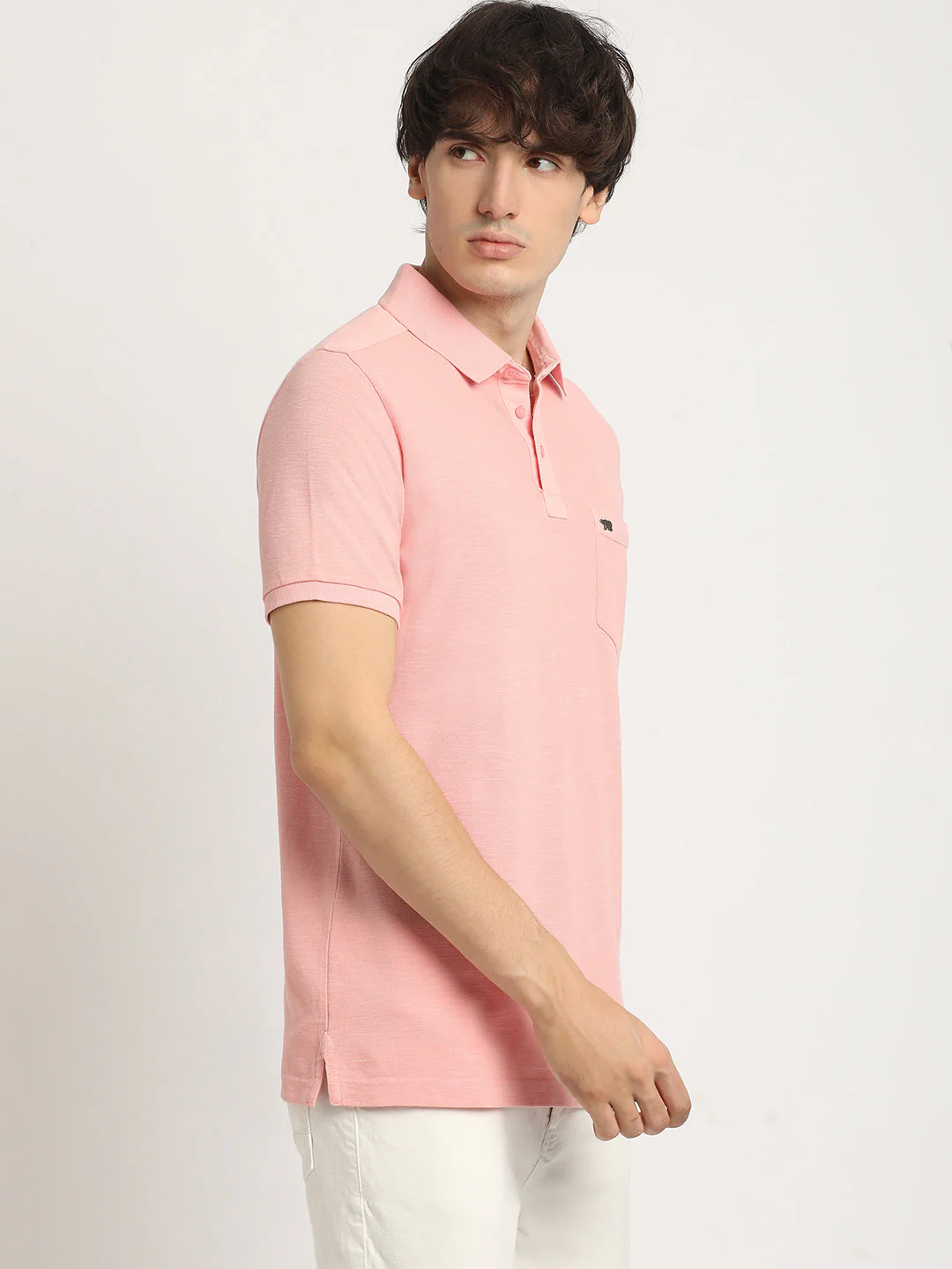 Men Peach Solid Regular Fit Polo Collar Tshirt - Image 3