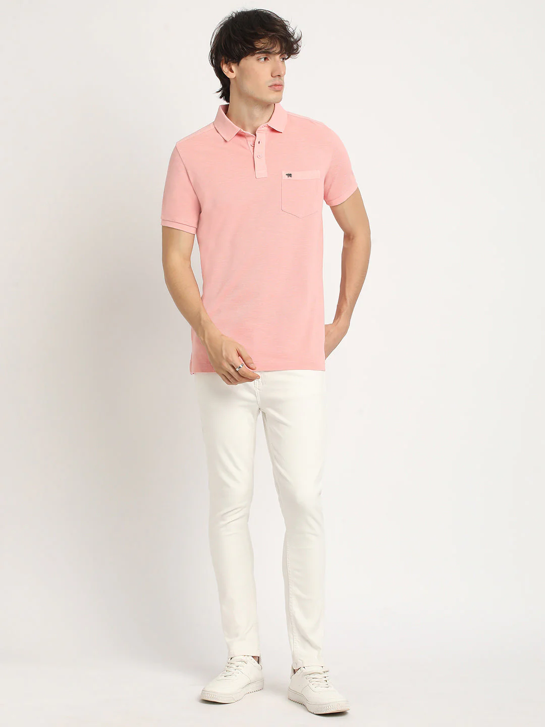 Men Peach Solid Regular Fit Polo Collar Tshirt - Image 5