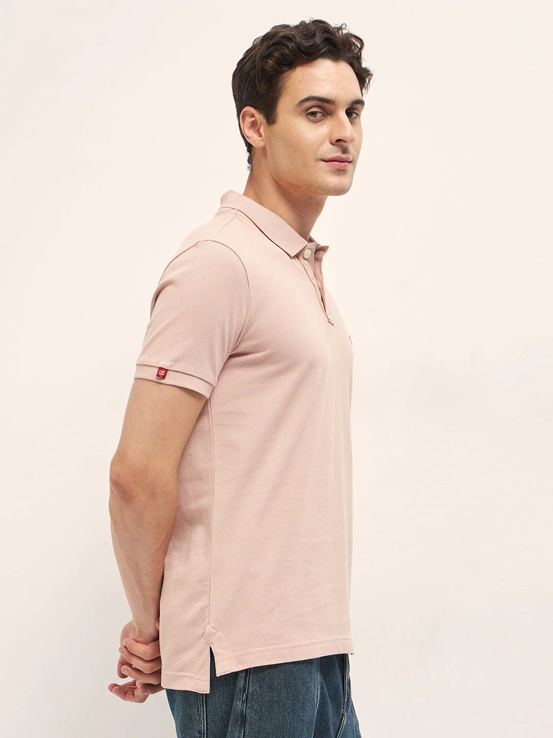 Men Peach Solid Regular Fit Polo - Image 3
