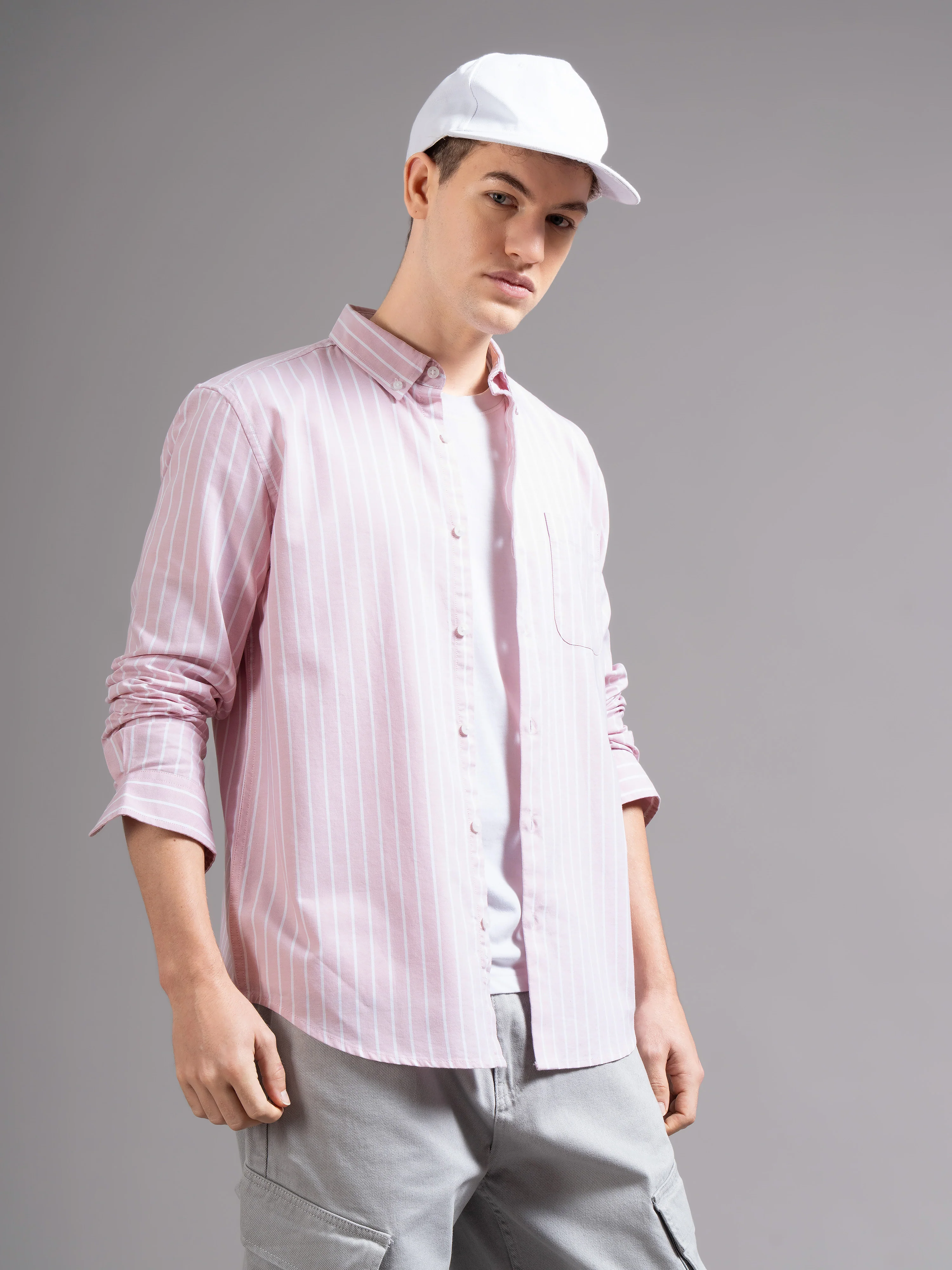 Men Peach Striped Shirt - Image 2