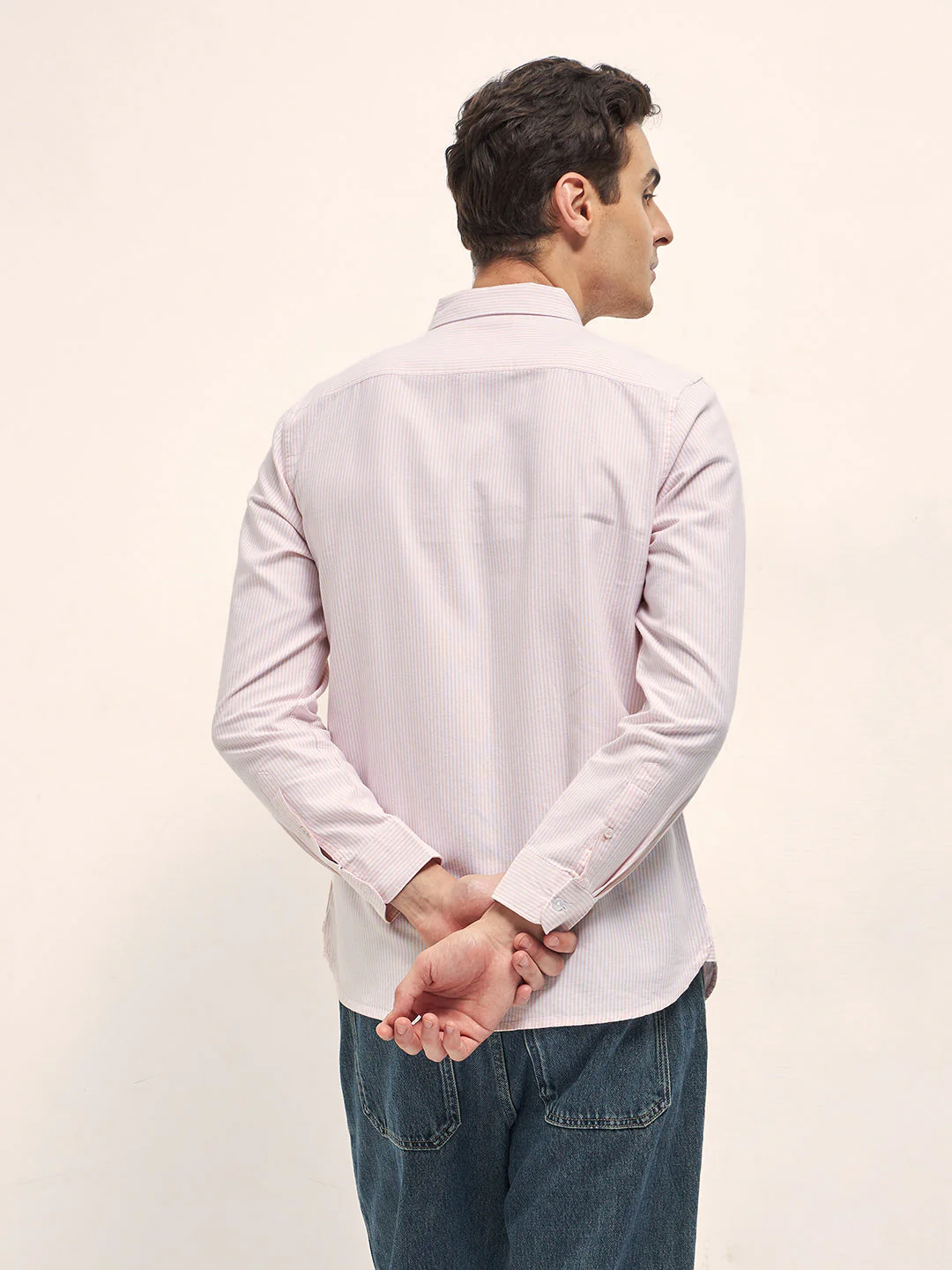 Men Peach Vertical Pin Stripes Slim Fit Casual Shirt - Image 2