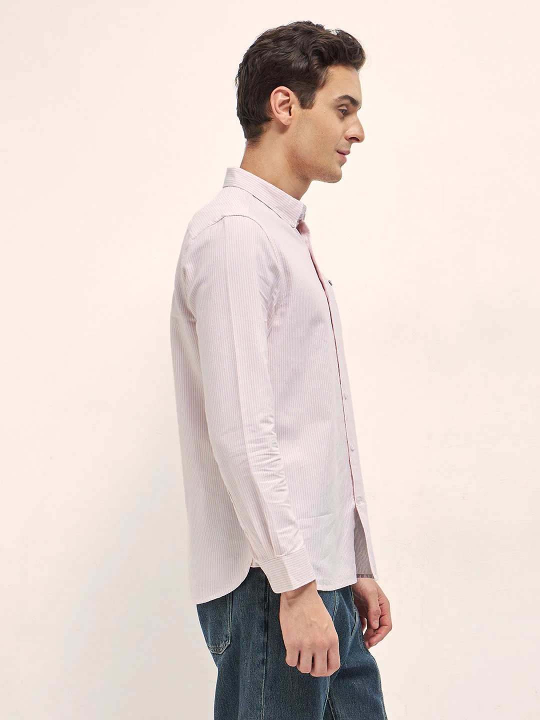 Men Peach Vertical Pin Stripes Slim Fit Casual Shirt - Image 3