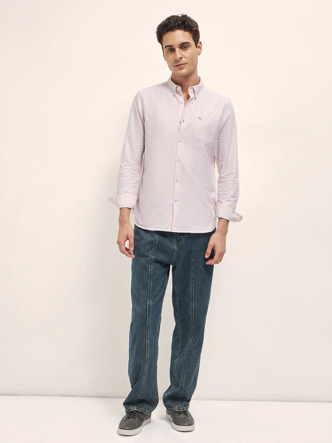 Men Peach Vertical Pin Stripes Slim Fit Casual Shirt - Image 4