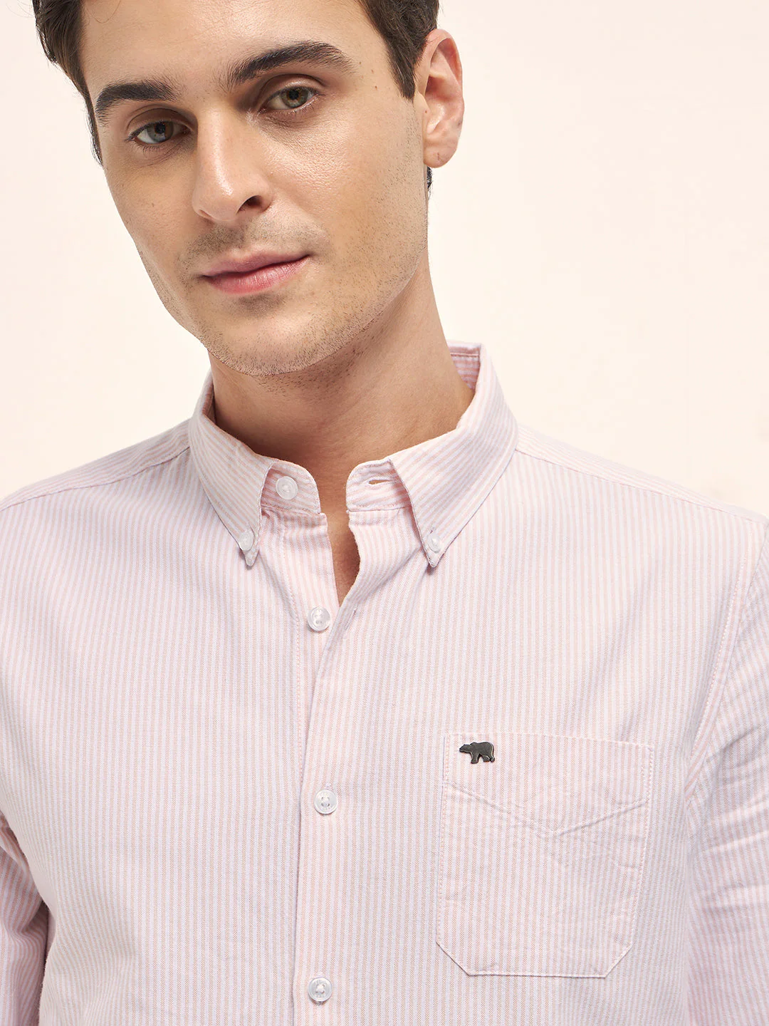 Men Peach Vertical Pin Stripes Slim Fit Casual Shirt - Image 5