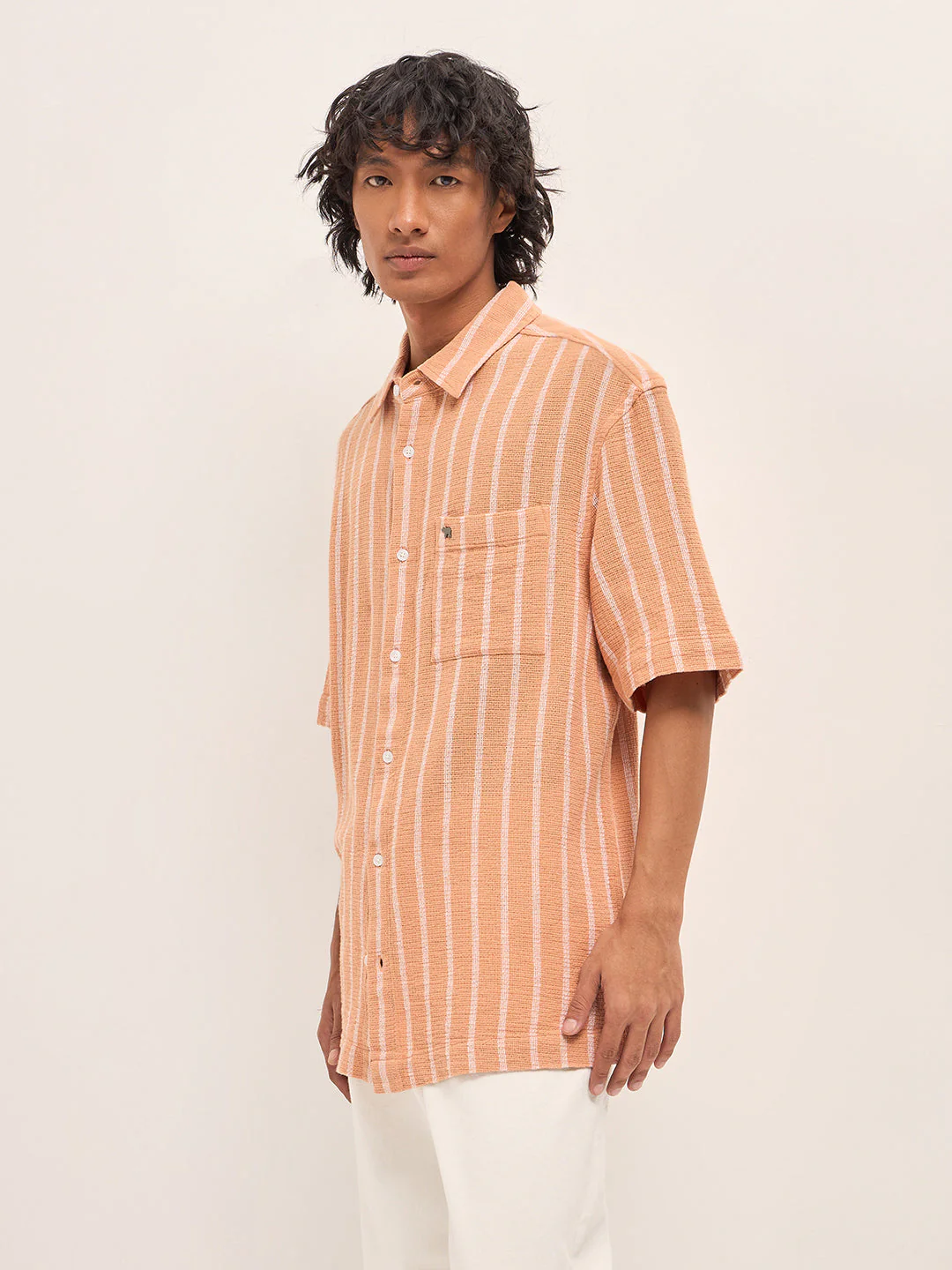 Men Peach Vertical Textured Woven Stripe Relaxed Fit Casual Shirt - Image 3
