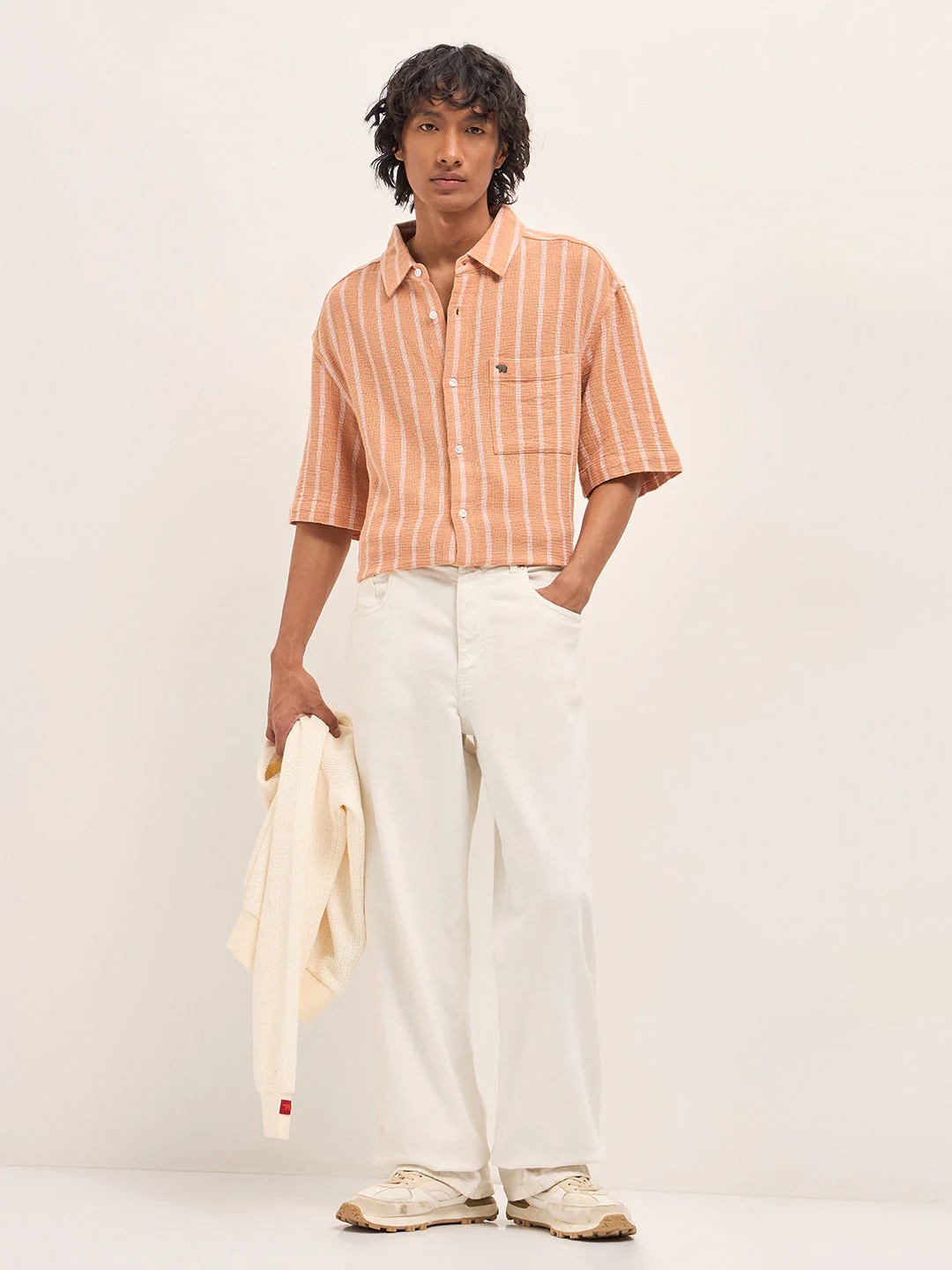 Men Peach Vertical Textured Woven Stripe Relaxed Fit Casual Shirt - Image 4