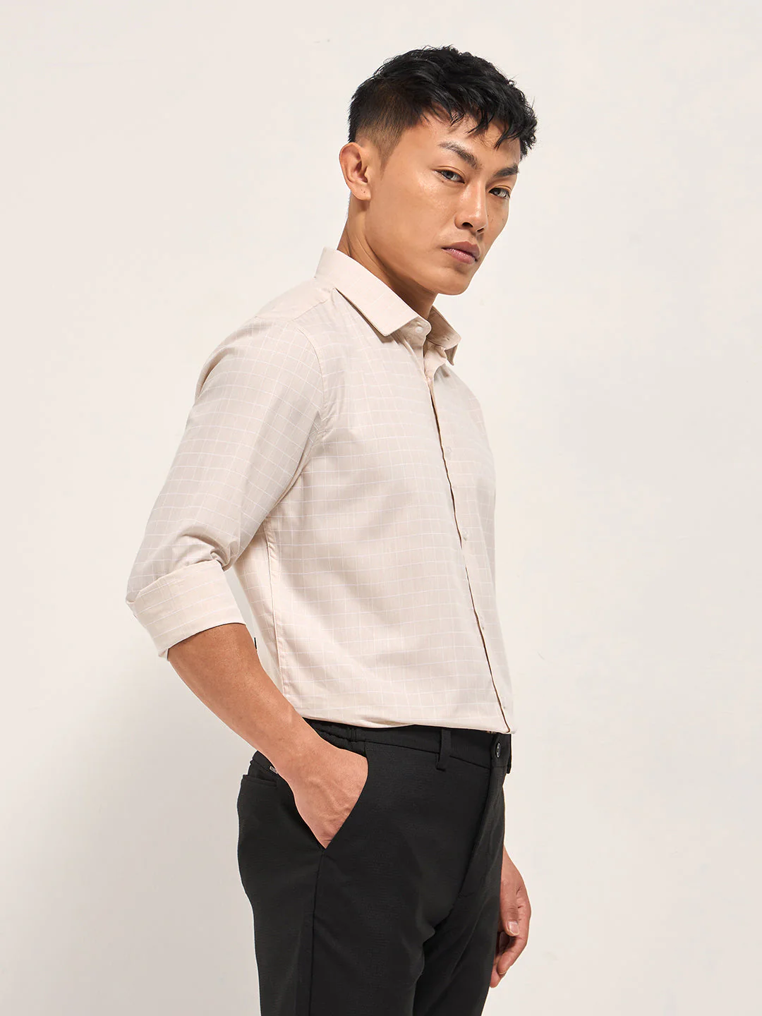 Men Peach Windowpane Checks Tailored Fit Formal Shirt - Image 3