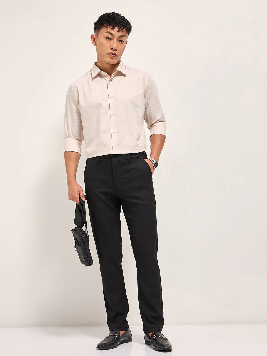 Men Peach Windowpane Checks Tailored Fit Formal Shirt - Image 4