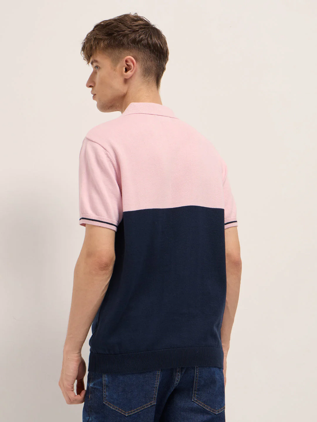 Men Pink & Blue Color-Block Design Regular Fit Polo - Image 2