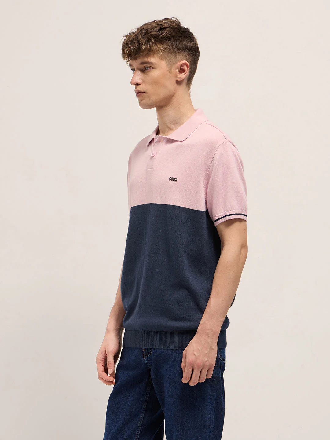 Men Pink & Blue Color-Block Design Regular Fit Polo - Image 3