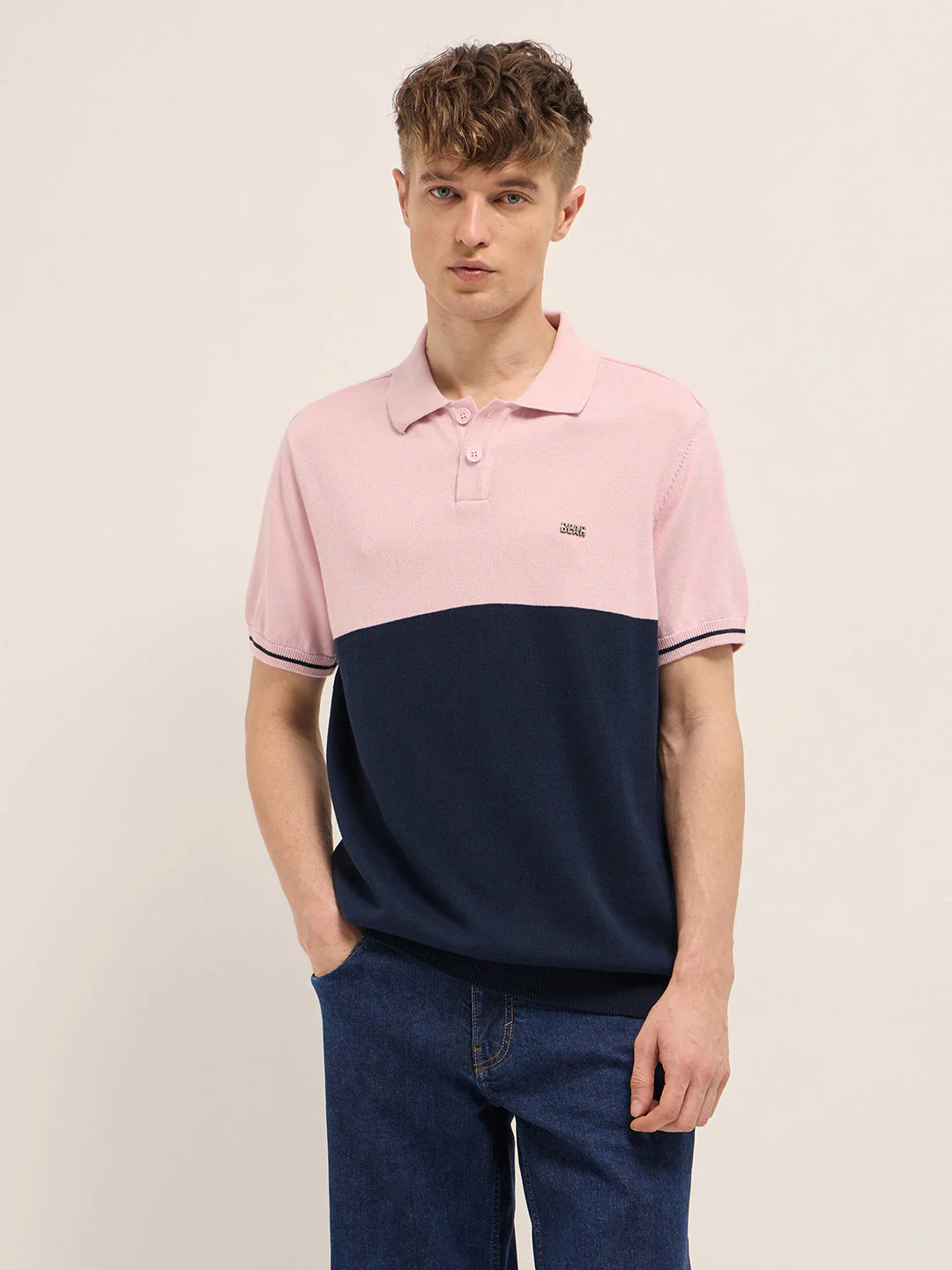 Men Pink & Blue Color-Block Design Regular Fit Polo - Image 6