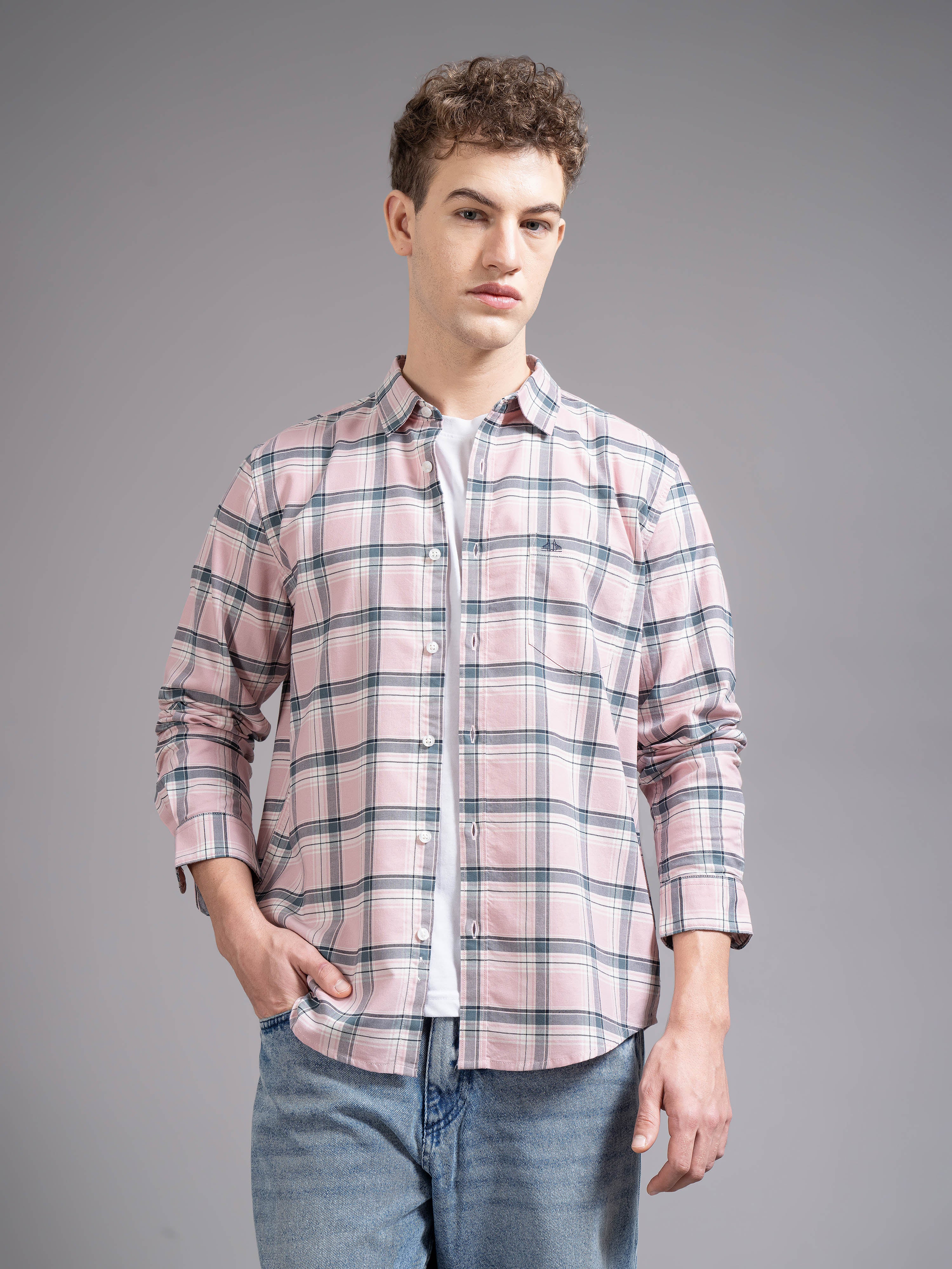 Men Pink Checked Shirt - Image 3