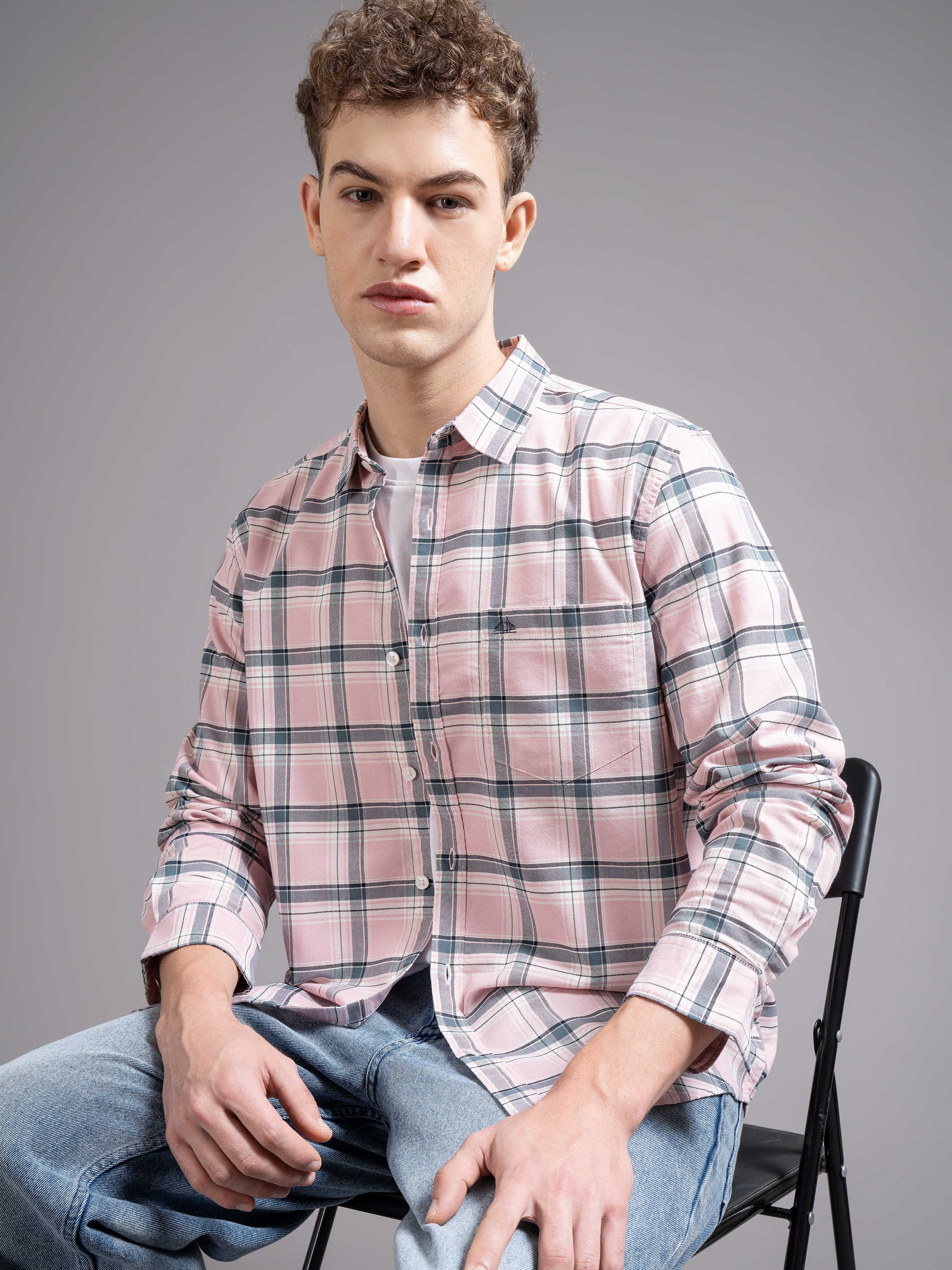 Men Pink Checked Shirt - Image 4