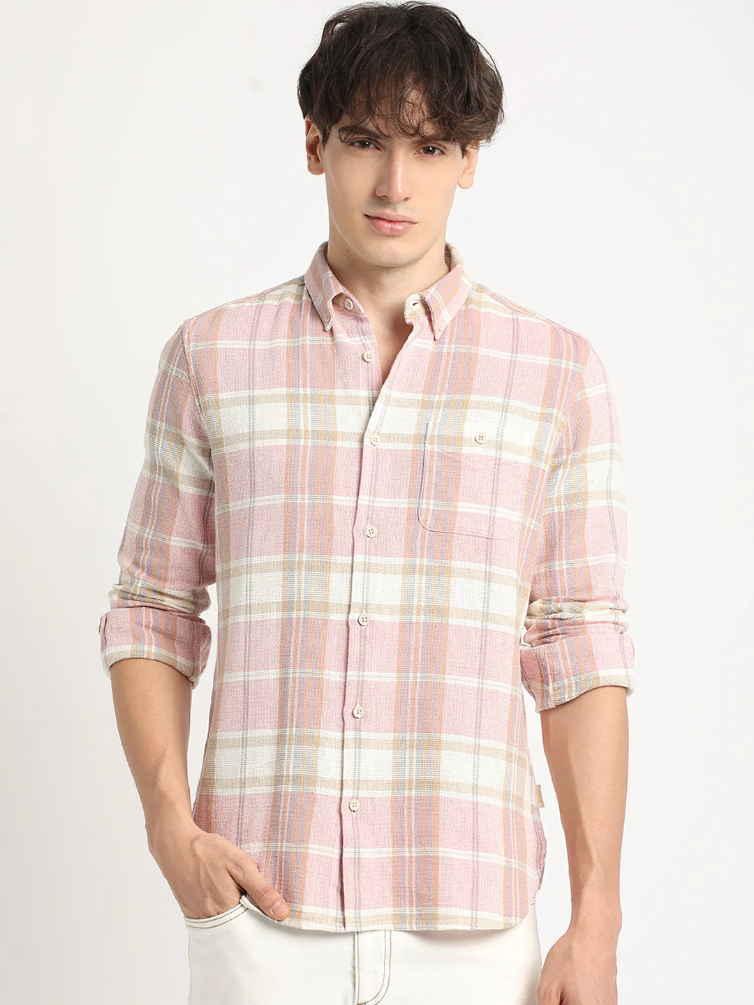 Men Pink Checked Slim Fit Cotton Casual Shirt - Image 2