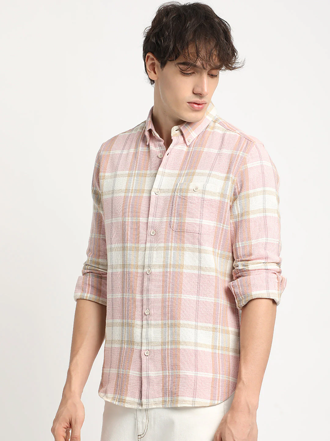 Men Pink Checked Slim Fit Cotton Casual Shirt - Image 3