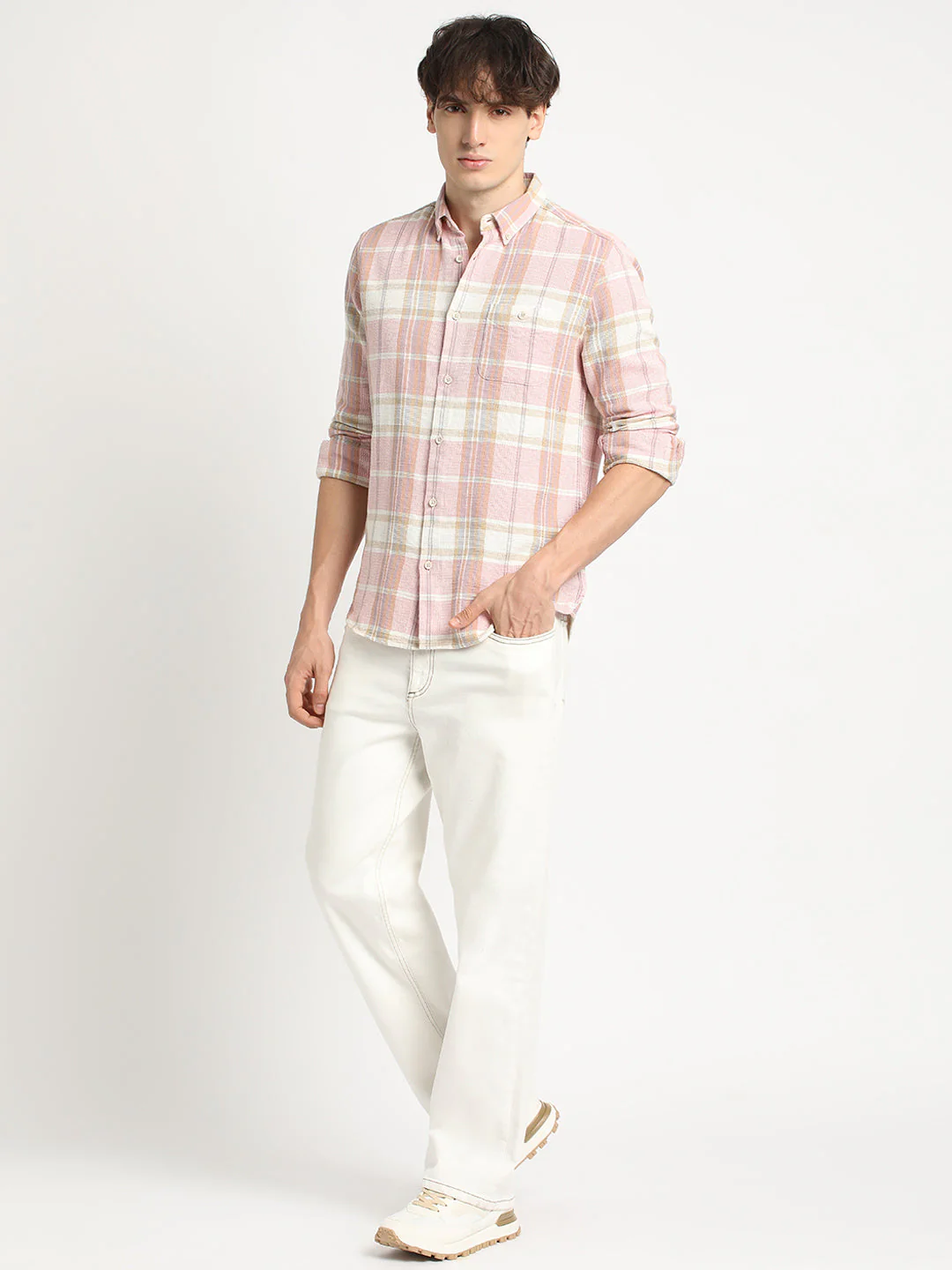 Men Pink Checked Slim Fit Cotton Casual Shirt - Image 5