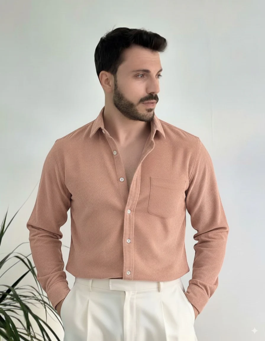 Men Pink Corduroy Shirt - Image 3