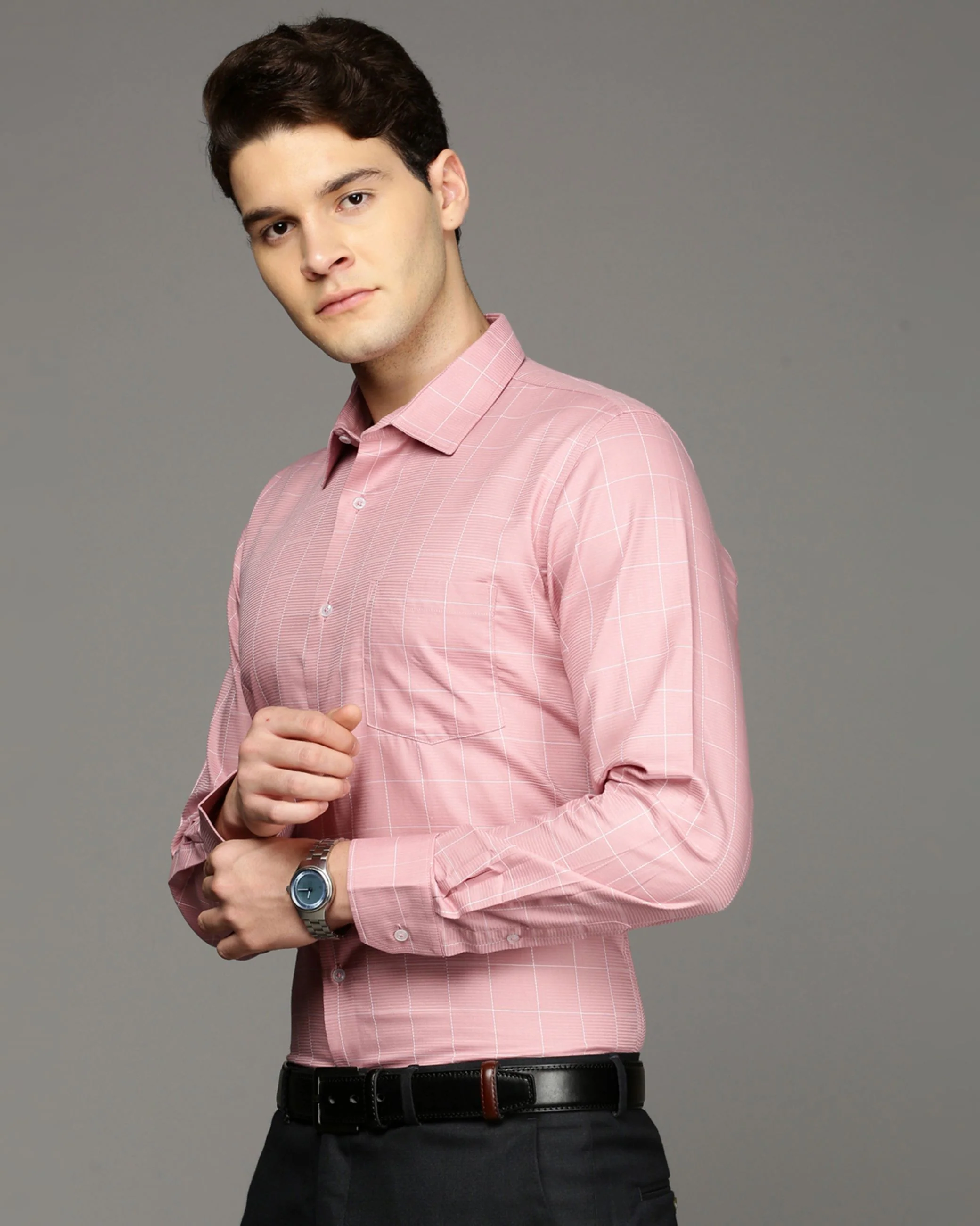 Men Pink Cotton Blend Slim Shirt - Image 3