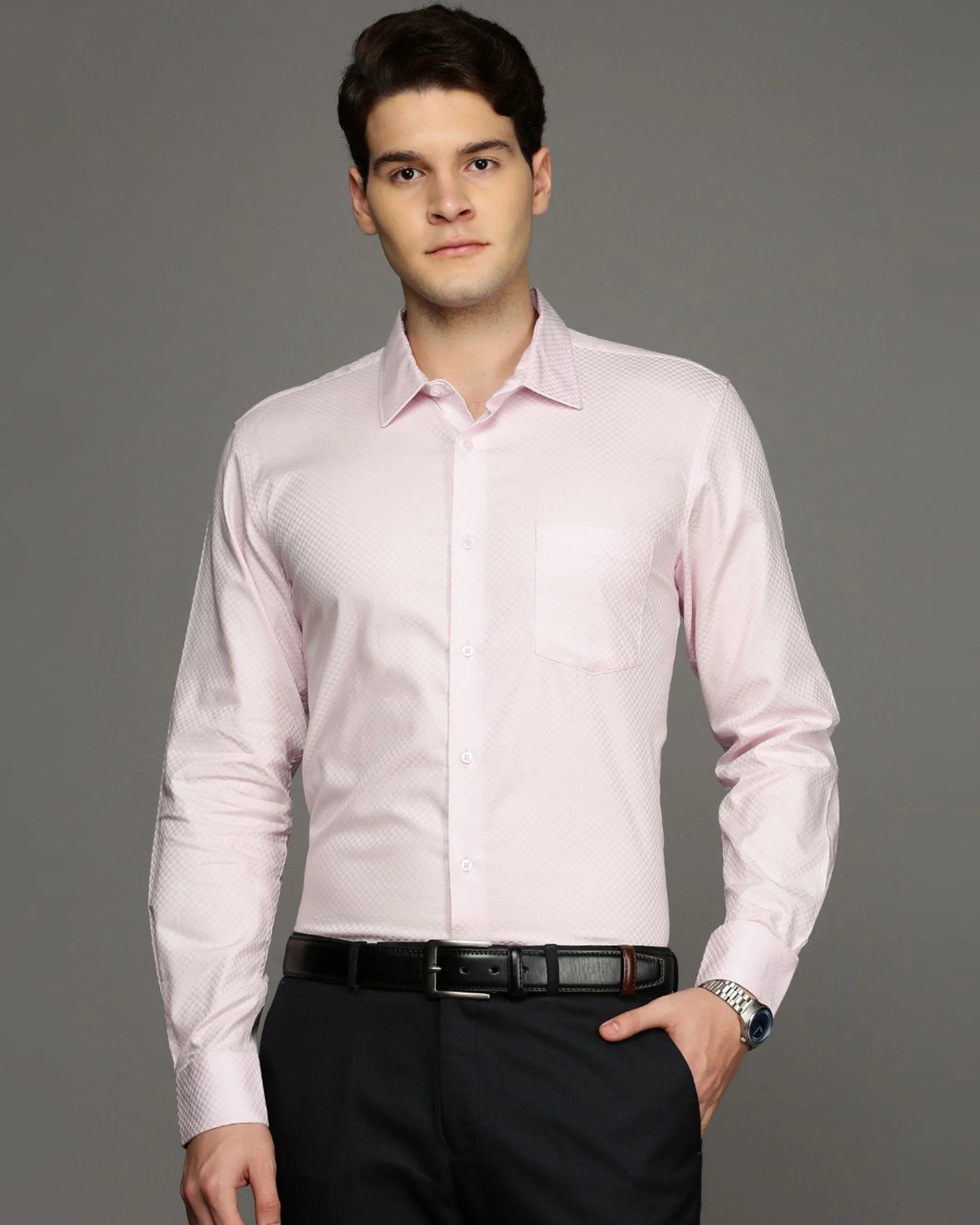Men Pink Cotton Blend Slim Shirt - Image 2