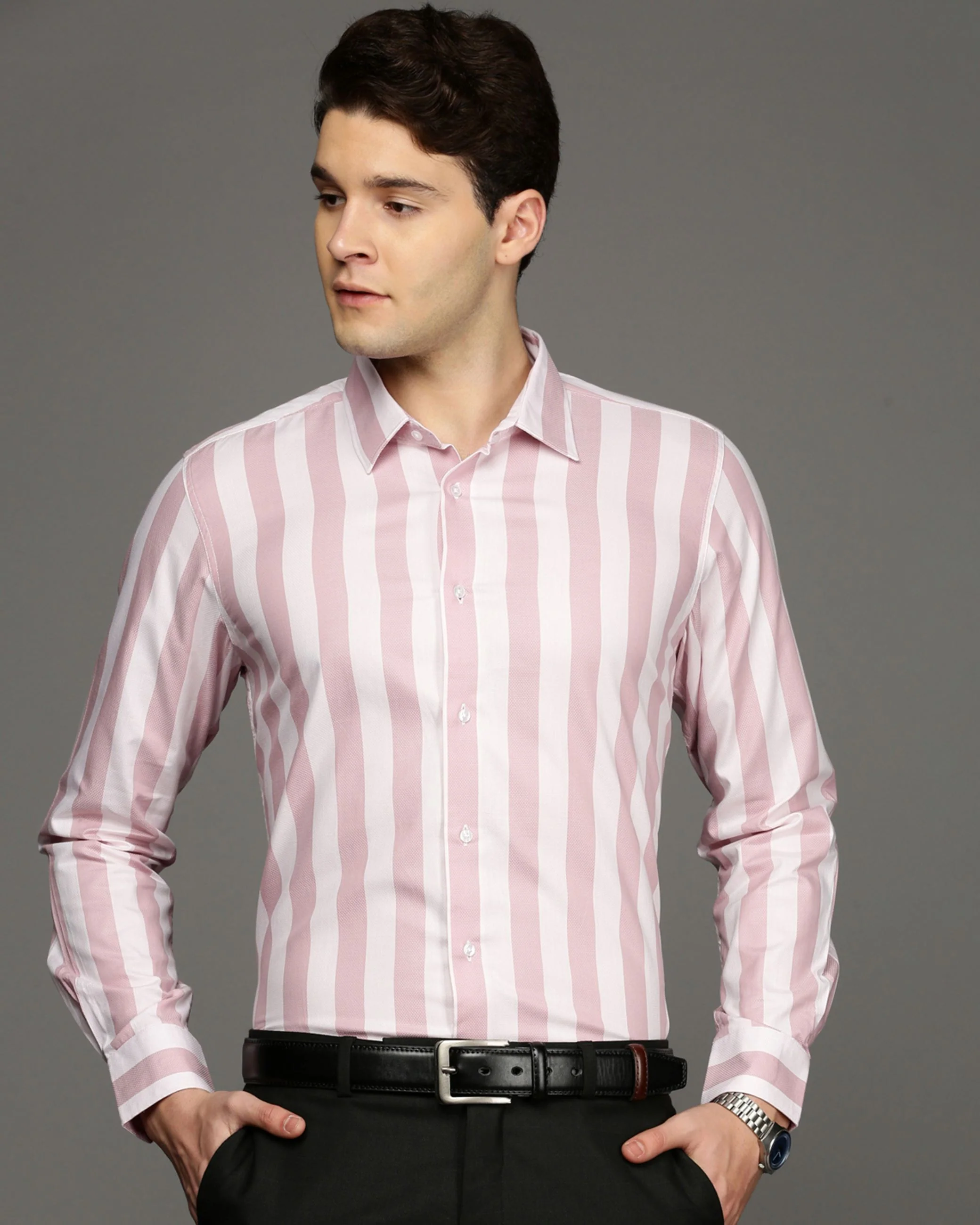 Men Pink Cotton Blend Slim Shirt - Image 2