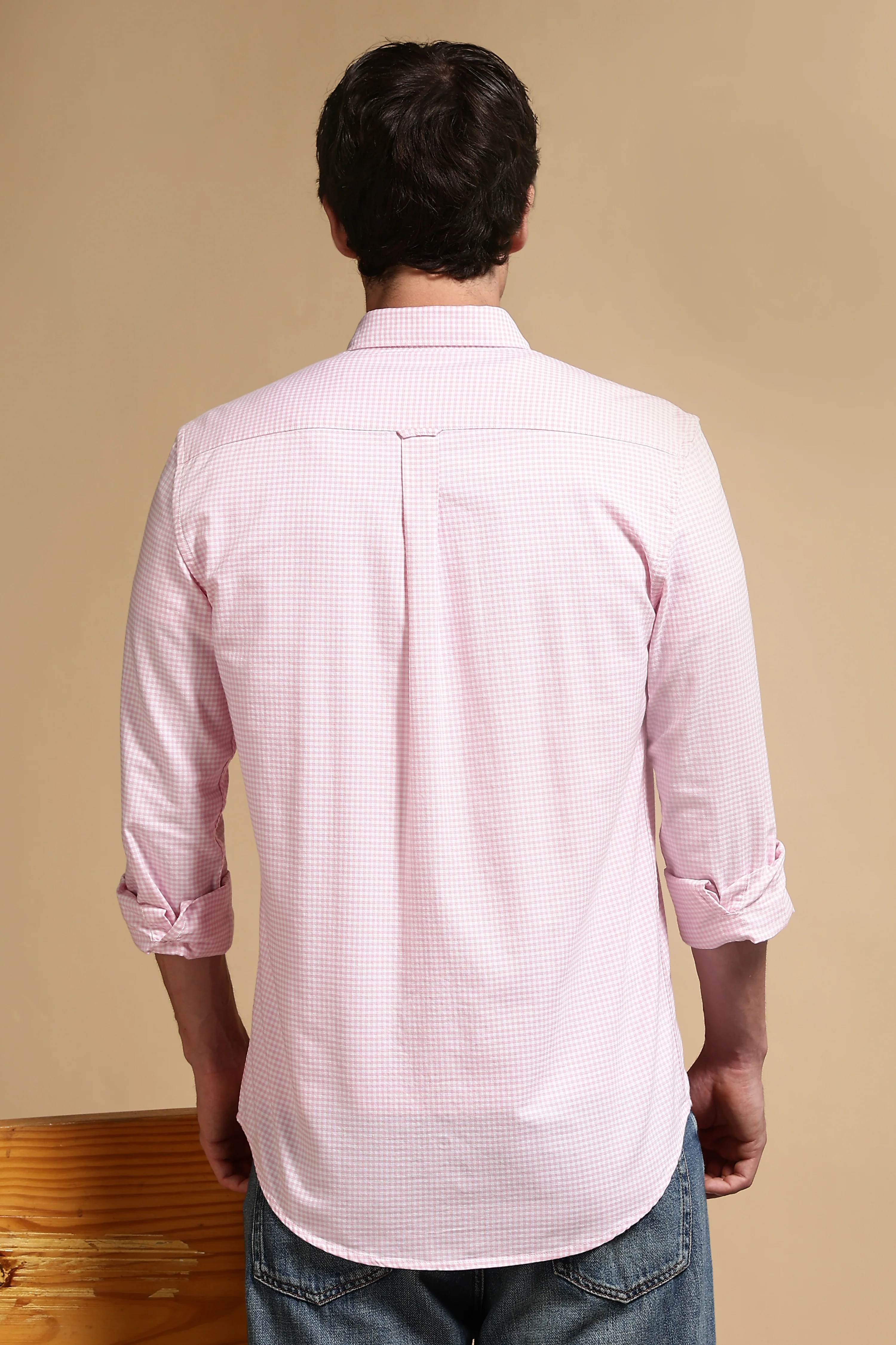 Men Pink Cotton Oxford Slim Fit Mini Checks Shirt - Image 4