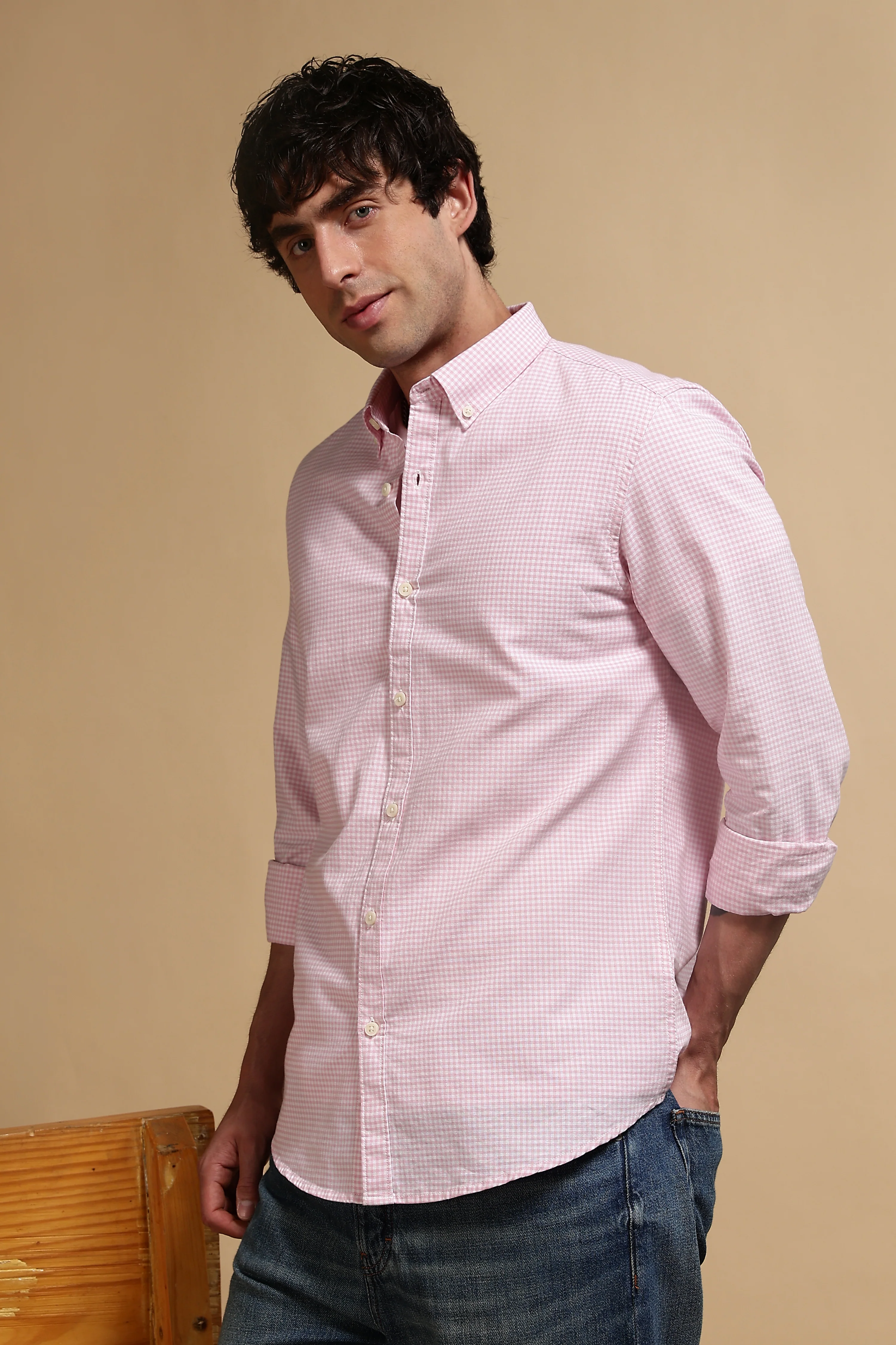 Men Pink Cotton Oxford Slim Fit Mini Checks Shirt - Image 5