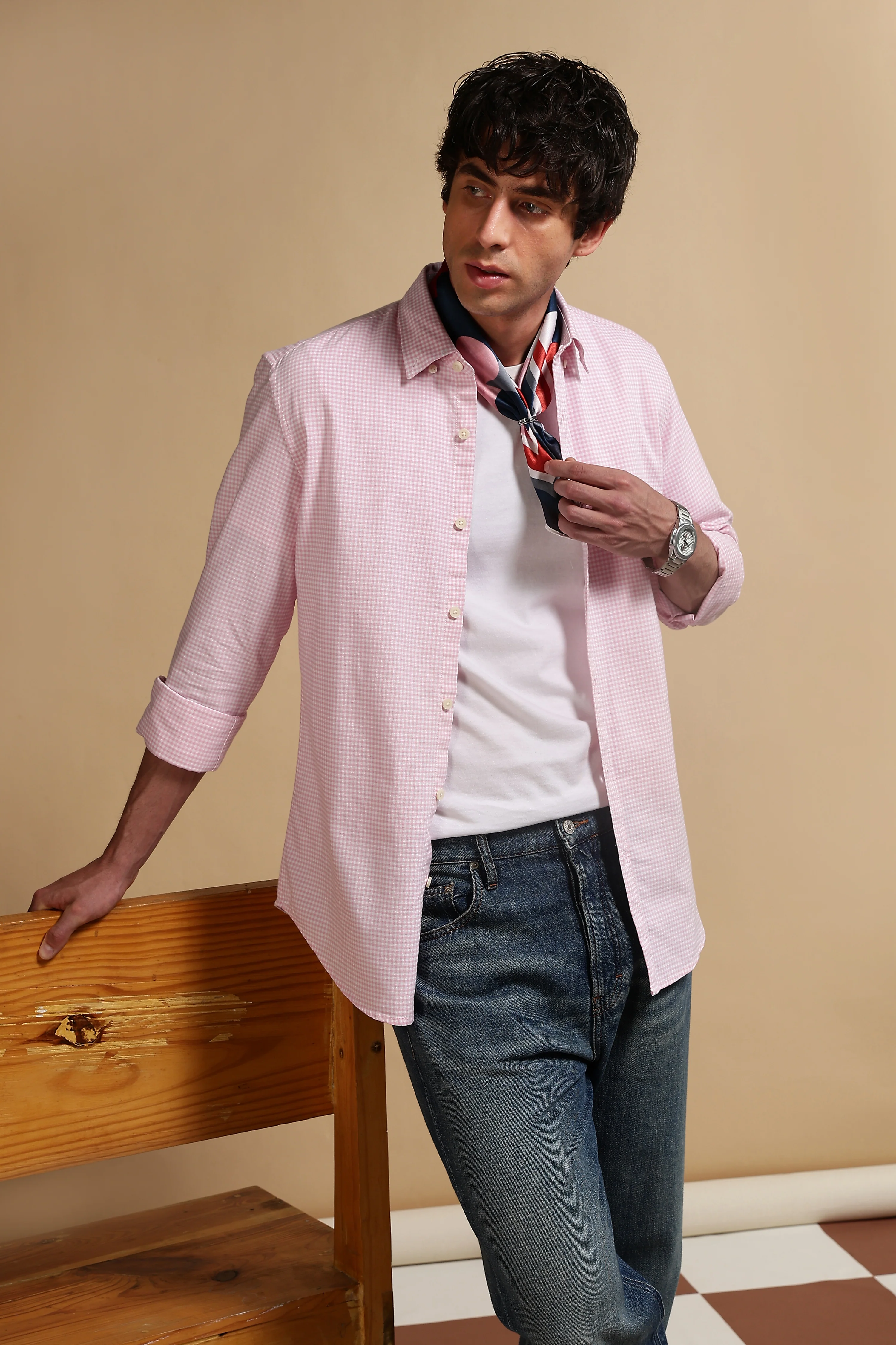 Men Pink Cotton Oxford Slim Fit Mini Checks Shirt - Image 8