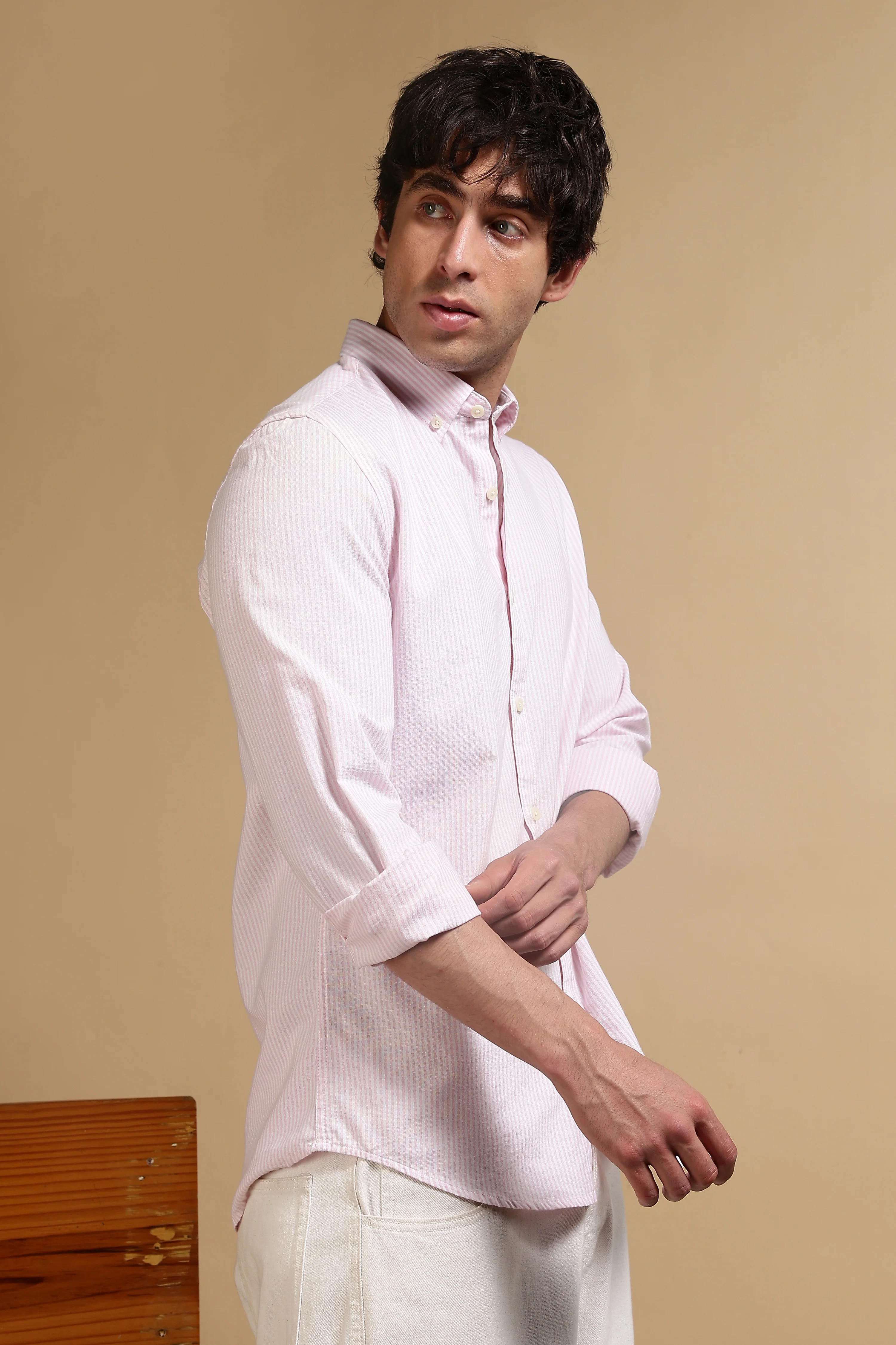 Men Pink Cotton Oxford Slim Fit Striped Shirt - Image 3