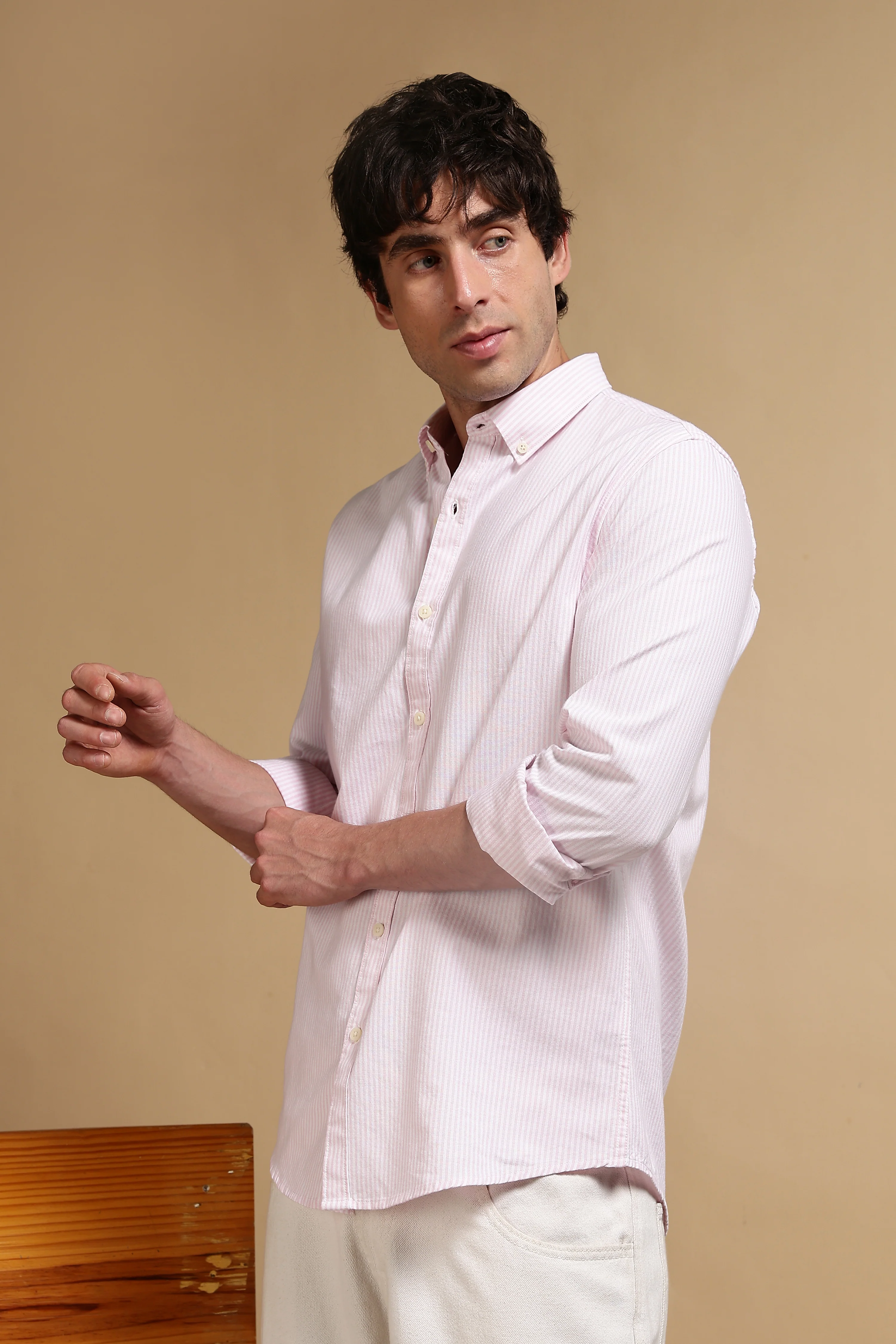 Men Pink Cotton Oxford Slim Fit Striped Shirt - Image 5