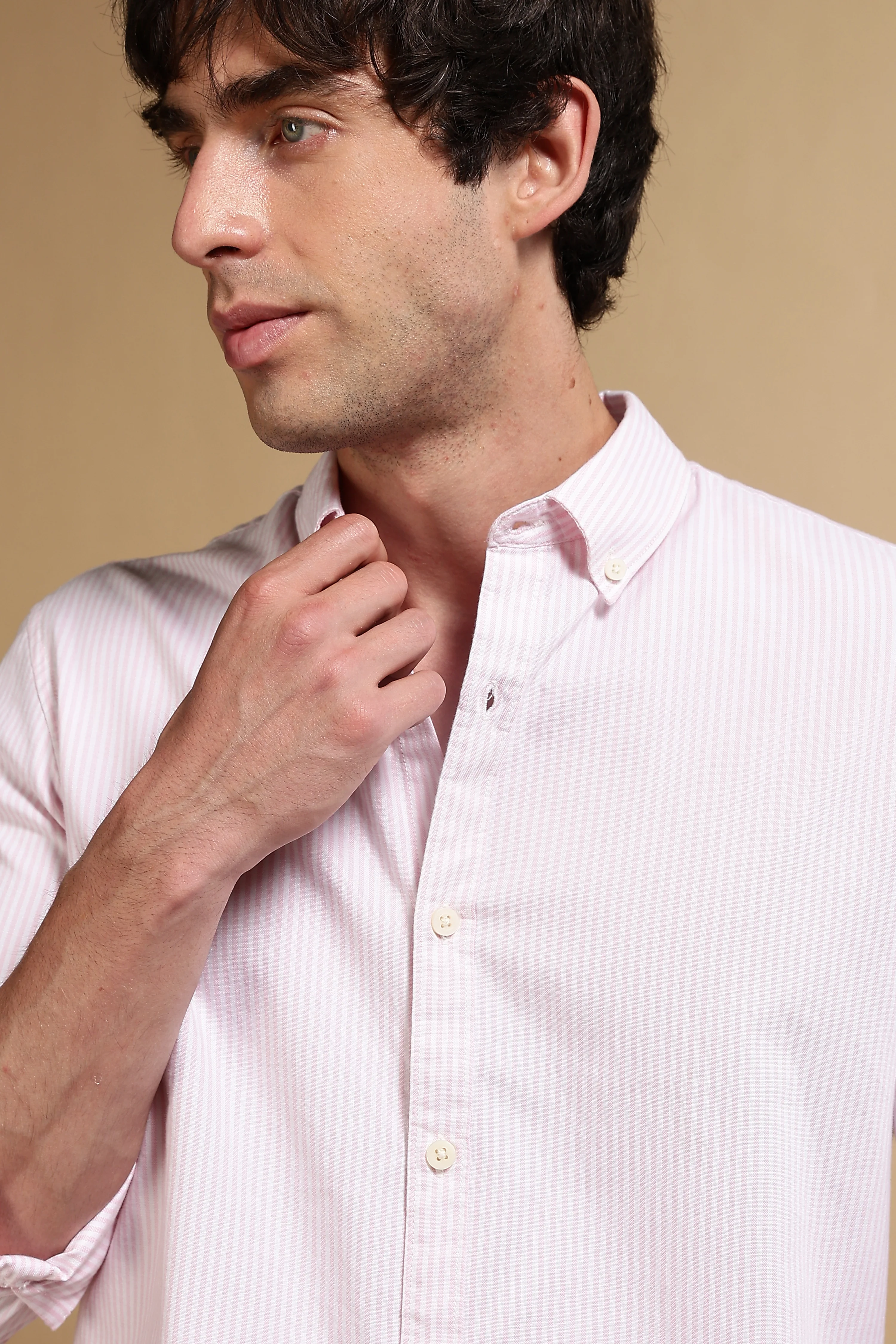 Men Pink Cotton Oxford Slim Fit Striped Shirt - Image 7