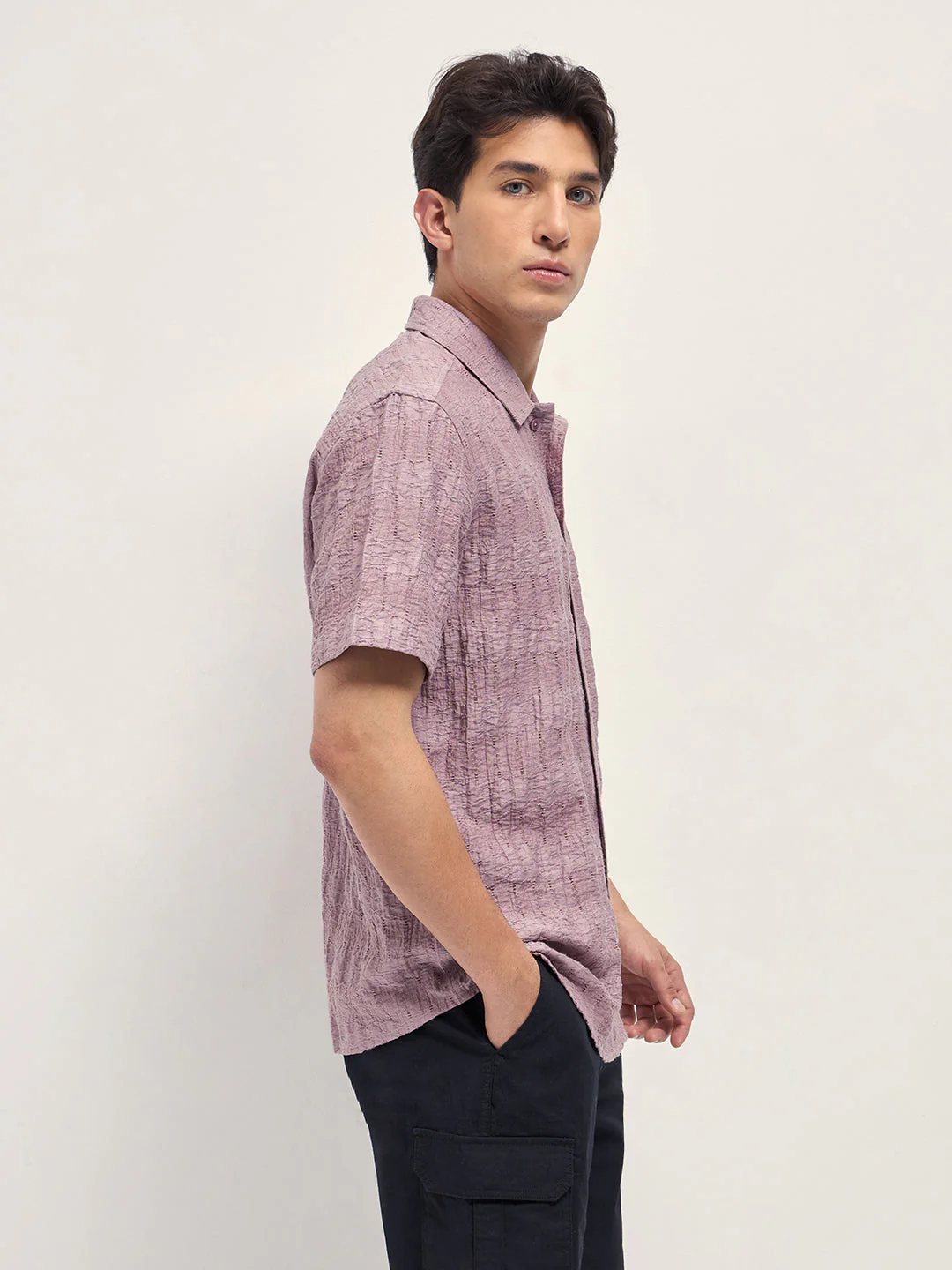 Men Pink Crinkle Textured Regular Fit Half-Sleeve Casual Shirt - Image 3