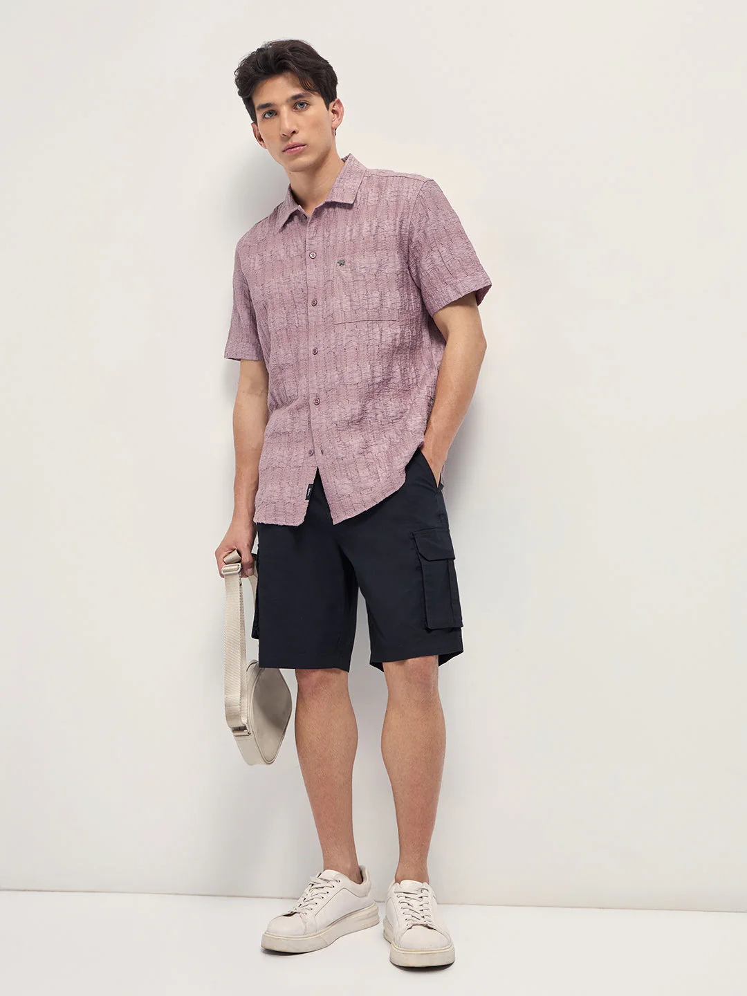 Men Pink Crinkle Textured Regular Fit Half-Sleeve Casual Shirt - Image 4